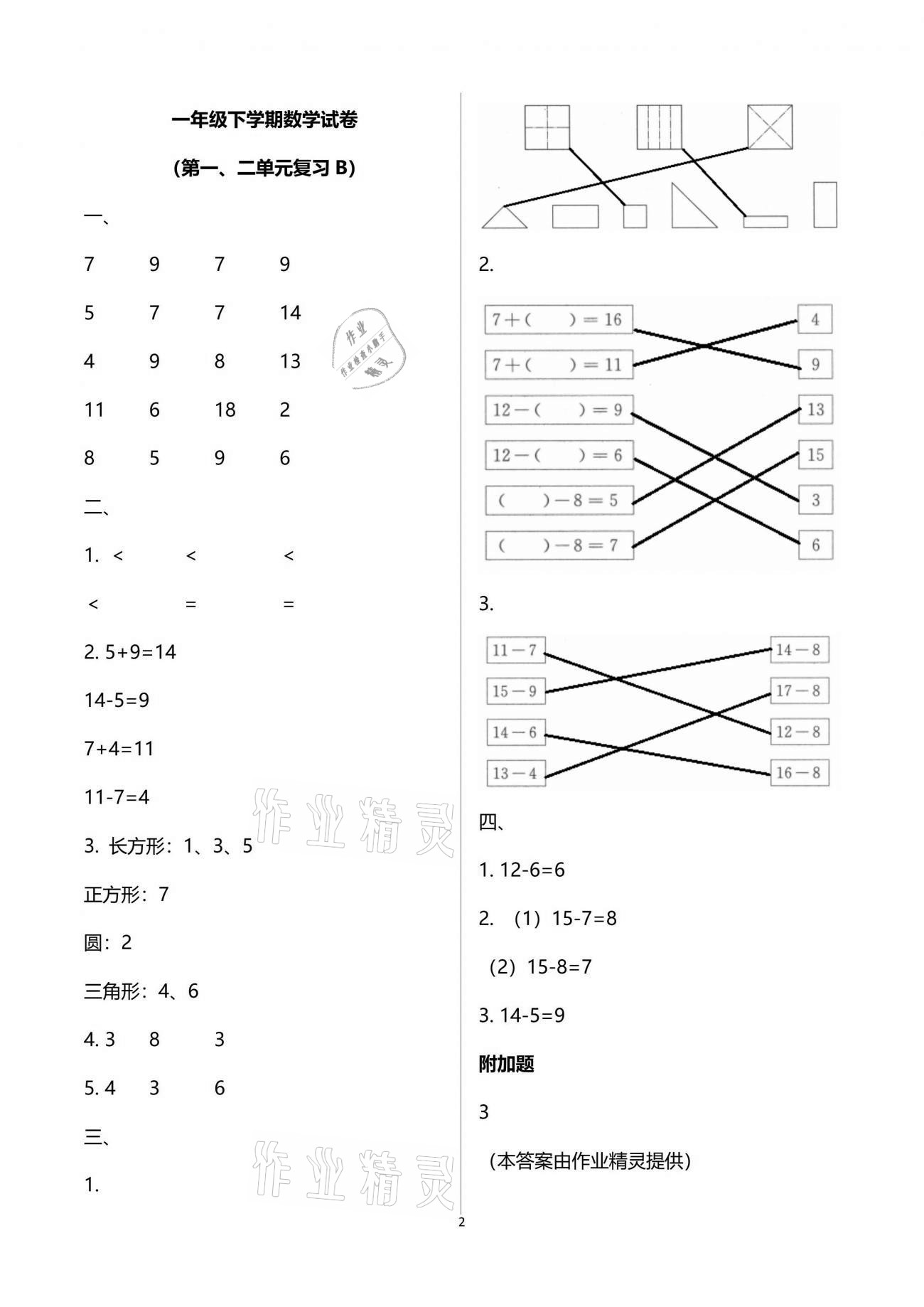 2021年練習(xí)與測試一年級數(shù)學(xué)下冊蘇教版強化拓展活頁試卷提升版 參考答案第2頁