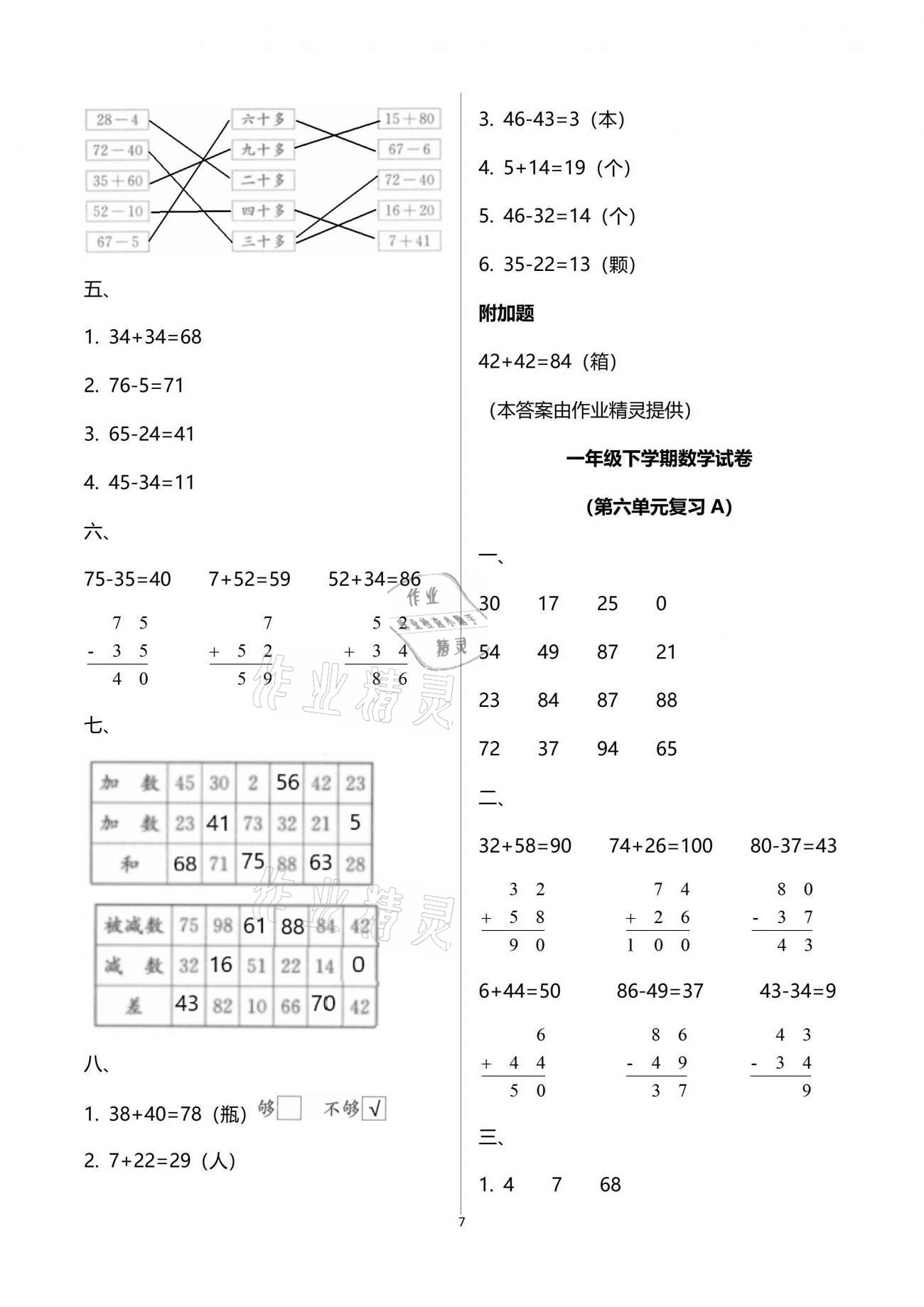 2021年练习与测试一年级数学下册苏教版强化拓展活页试卷提升版 参考答案第7页