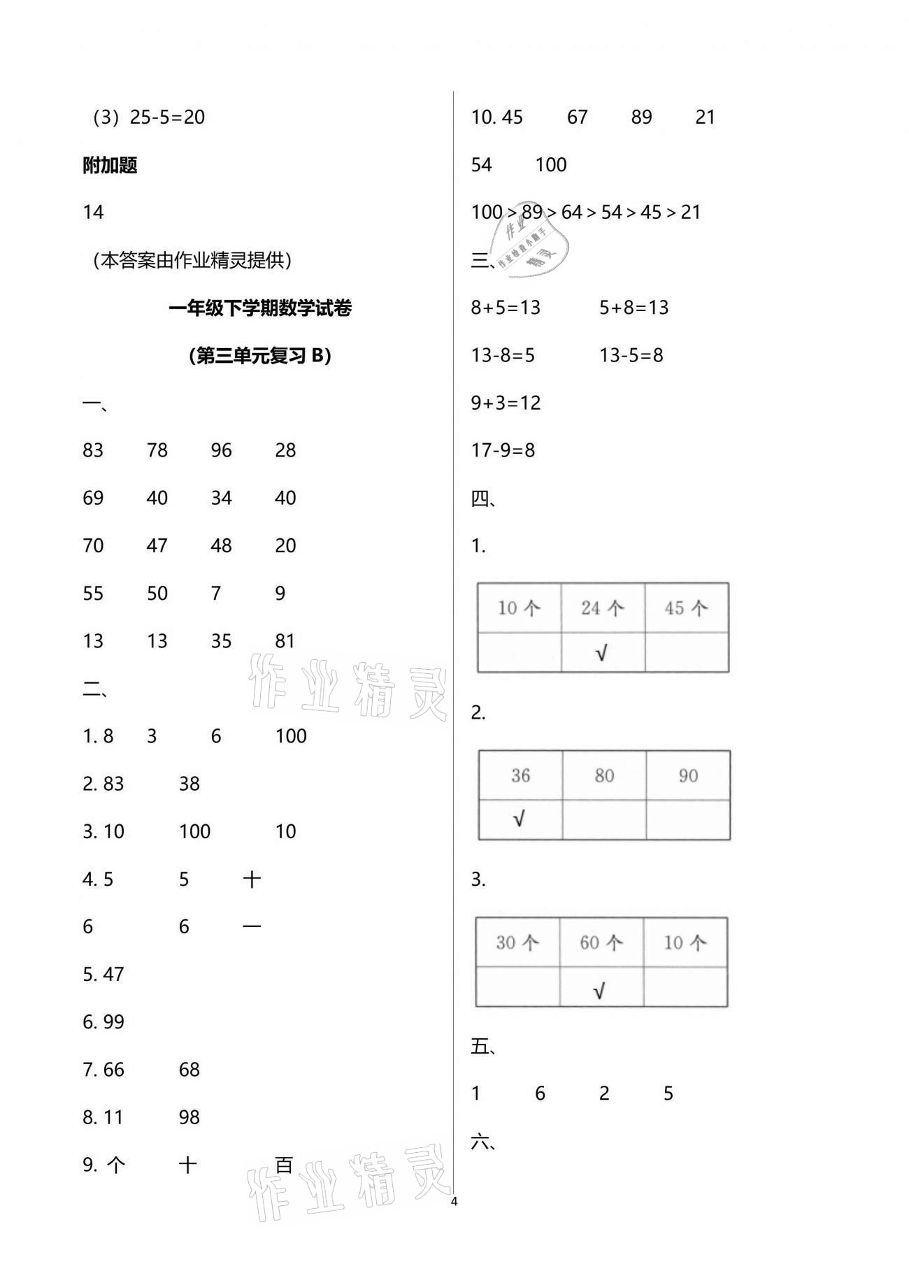 2021年练习与测试一年级数学下册苏教版强化拓展活页试卷提升版 参考答案第4页