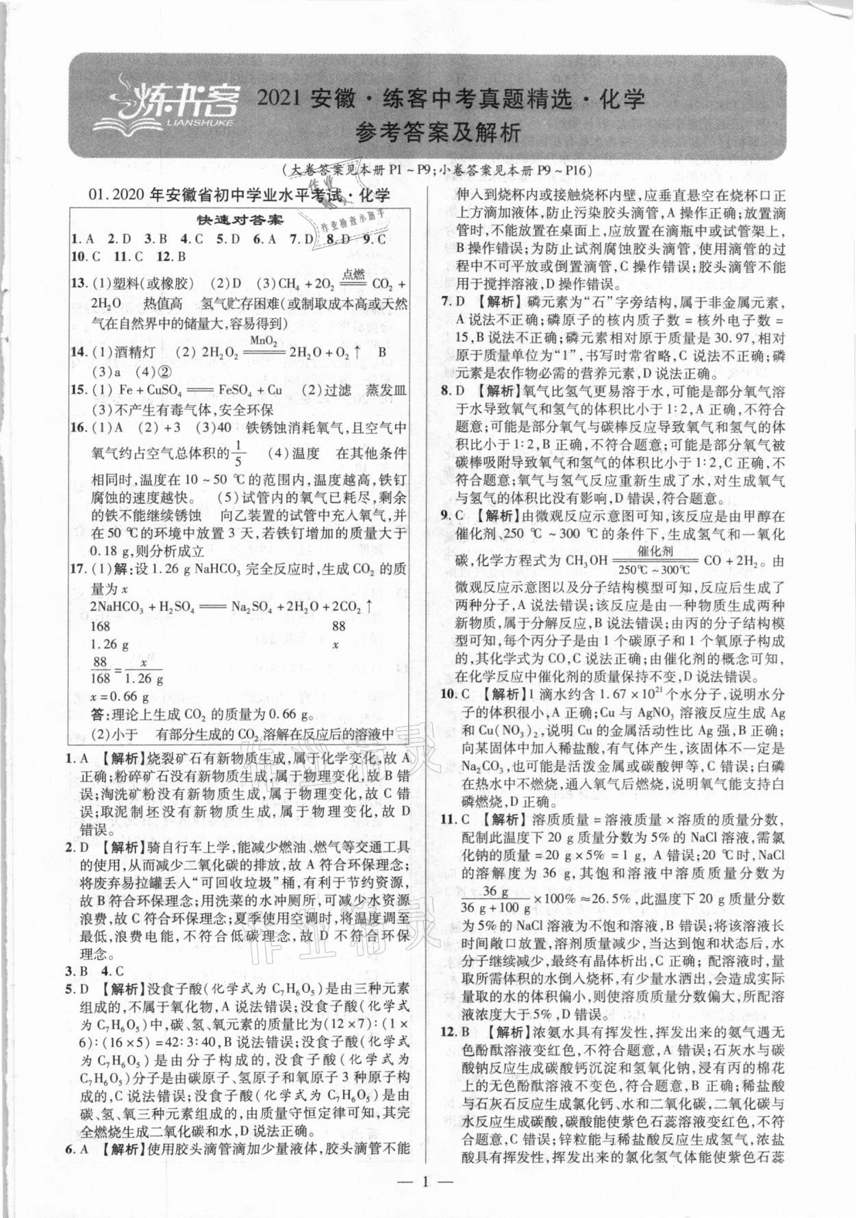 2021年練客中考真題精選化學(xué)安徽專版 第1頁