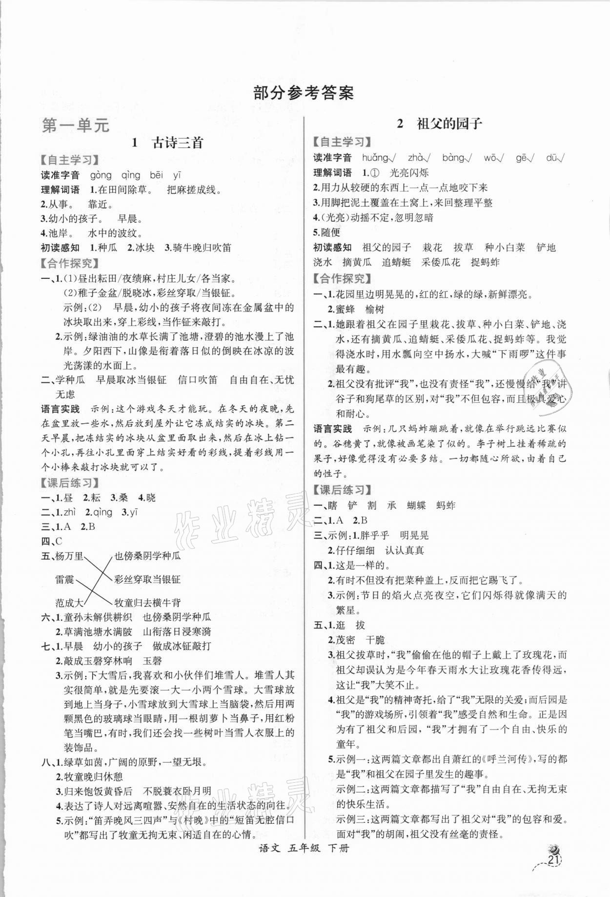 2021年同步導(dǎo)學(xué)案課時(shí)練五年級(jí)語文下冊(cè)人教版 第1頁