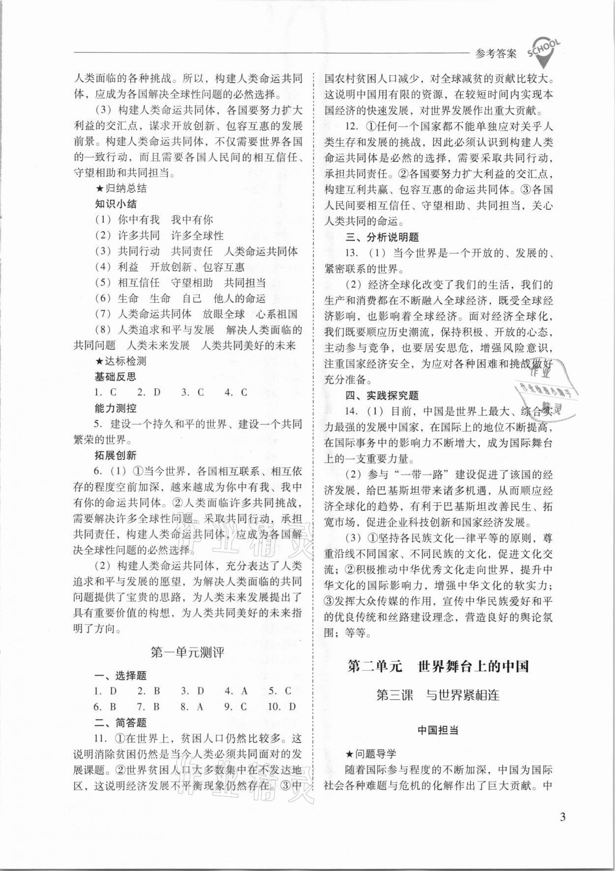 2021年新課程問題解決導(dǎo)學(xué)方案九年級(jí)道德與法治下冊人教版 參考答案第3頁