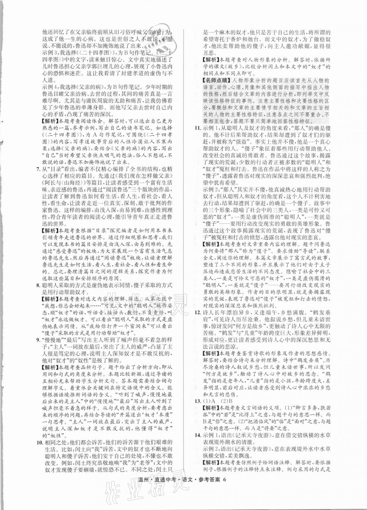 2021年直通中考中考試題精編語文溫州專版 參考答案第6頁