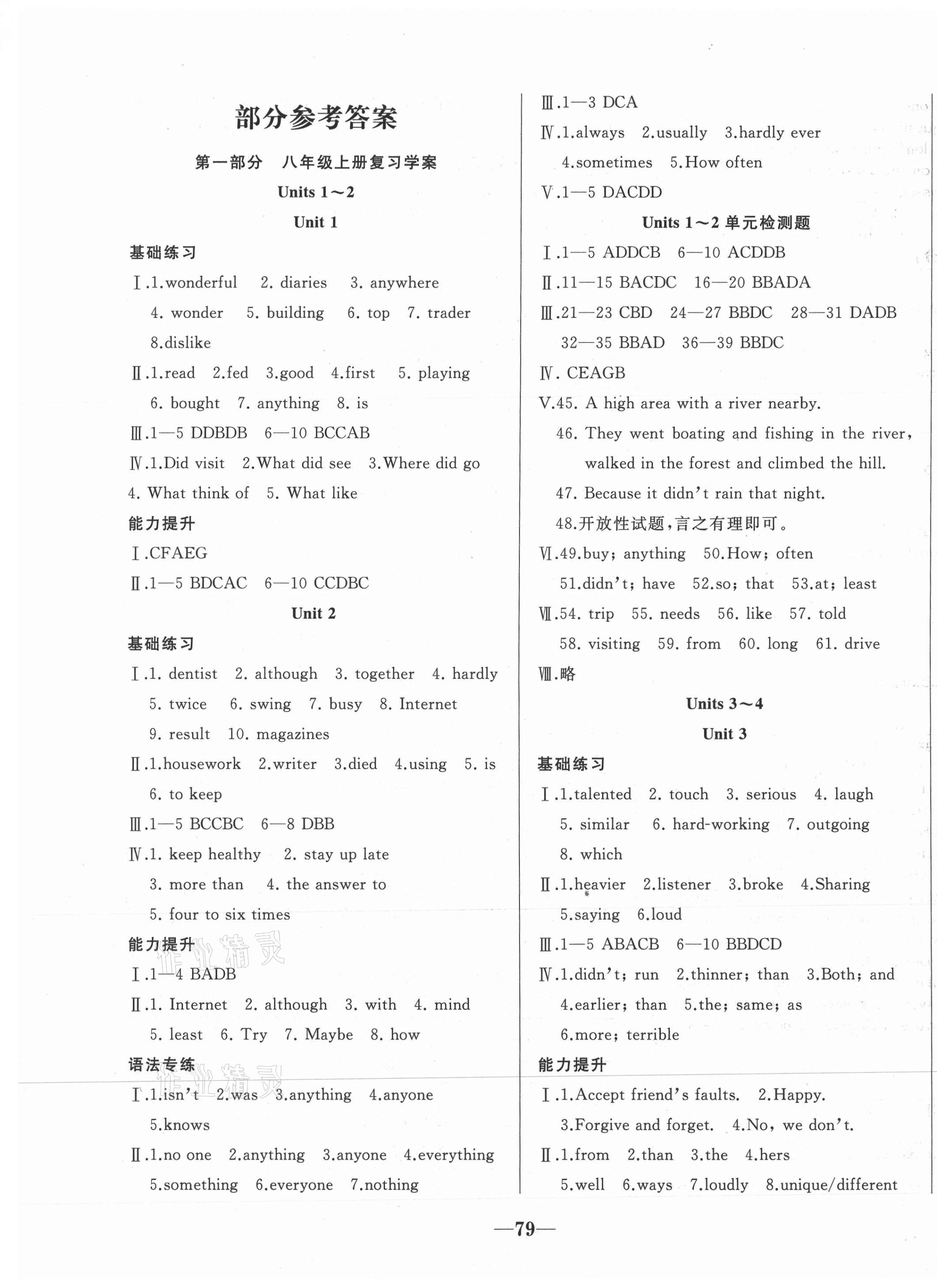 2021年名校一號(hào)學(xué)期總復(fù)習(xí)八年級(jí)英語人教版 參考答案第1頁