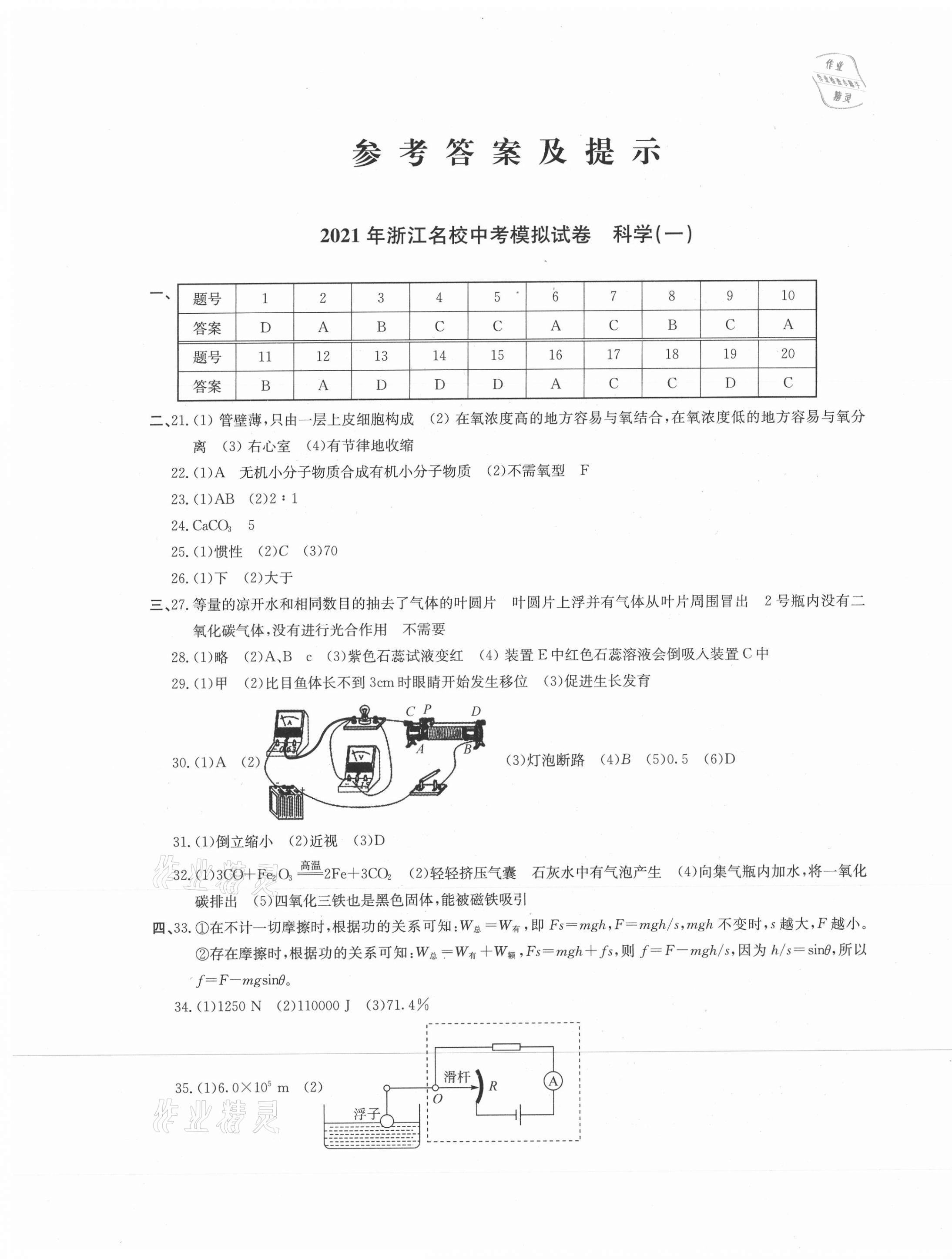 2021年浙江名校中考模擬試卷科學 第1頁