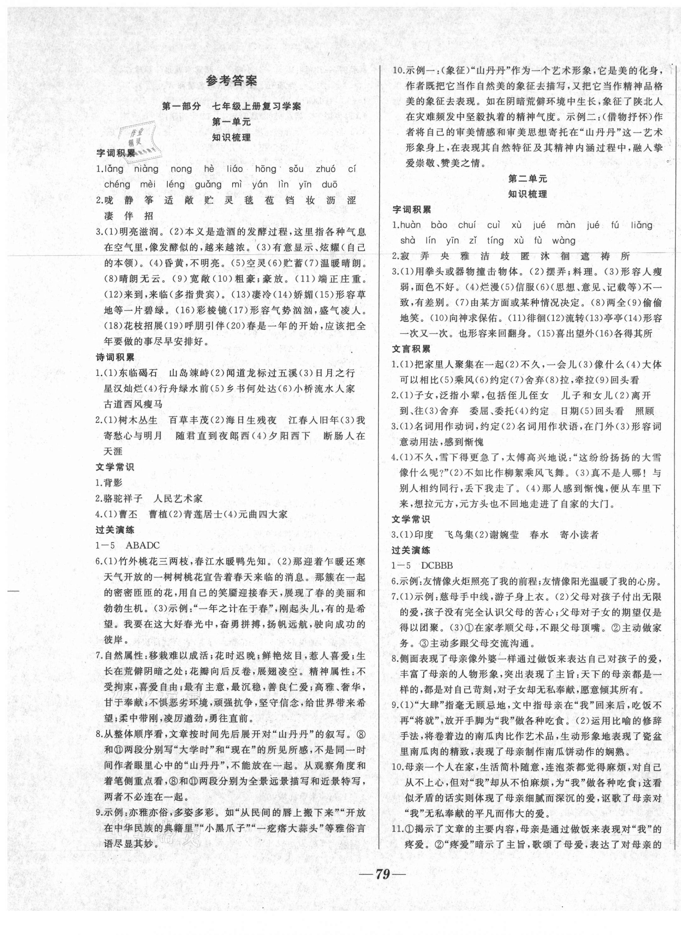 2021年沖刺銜接學期總復習七年級語文人教版 參考答案第1頁