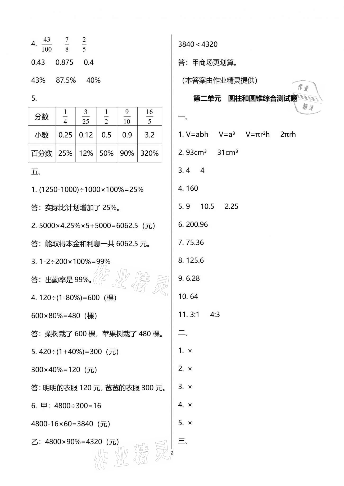 2021年小學(xué)數(shù)學(xué)同步練習(xí)六年級下冊西師大版西南師范大學(xué)出版社 參考答案第2頁