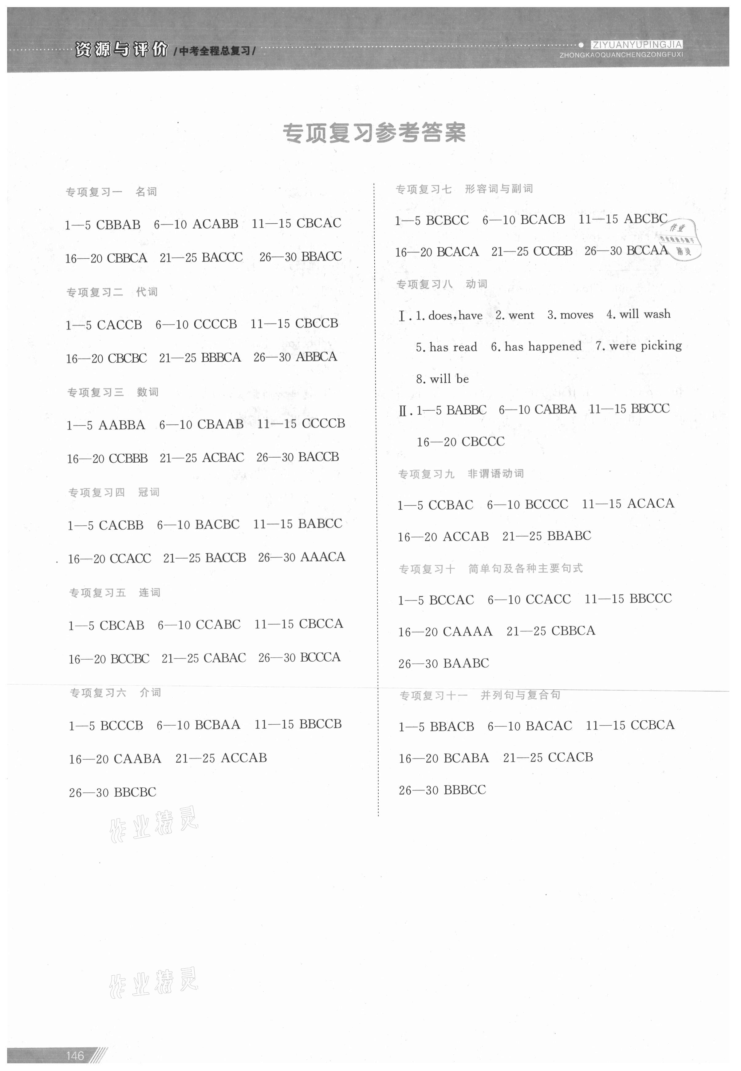 2021年資源與評價中考全程總復(fù)習(xí)英語 參考答案第1頁