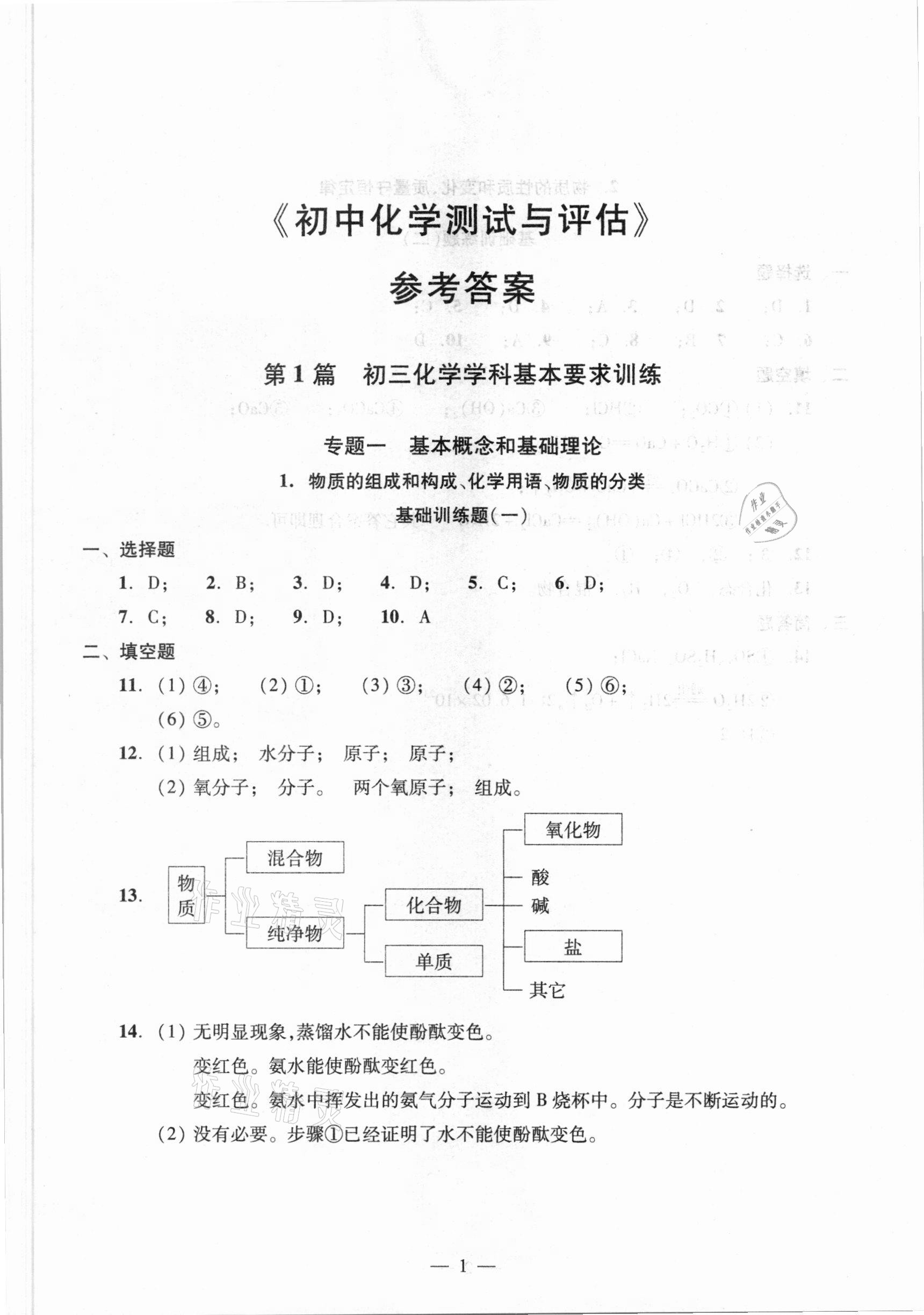 2021年初中化學測試與評估 參考答案第1頁