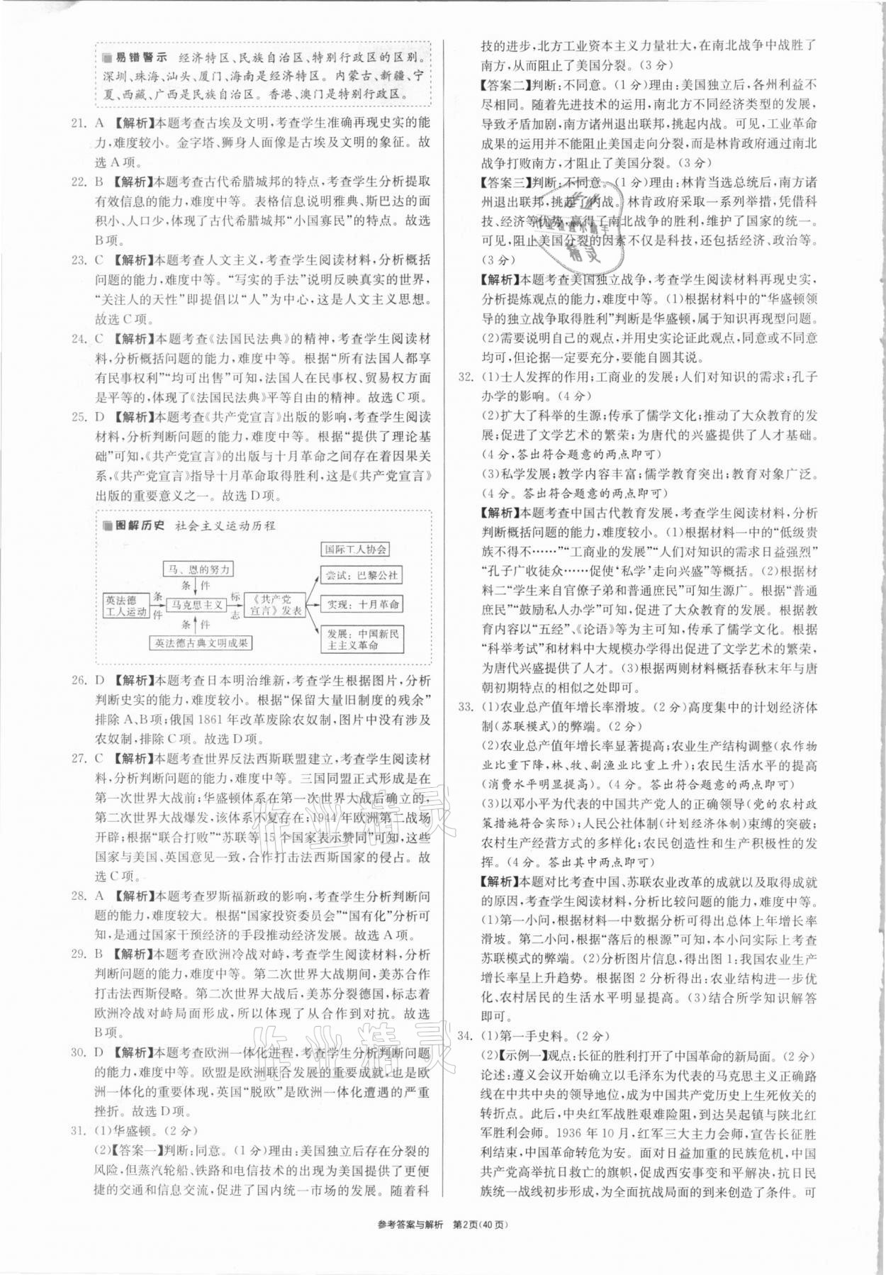 2021年春雨教育考必勝福建省中考試卷精選歷史 參考答案第2頁