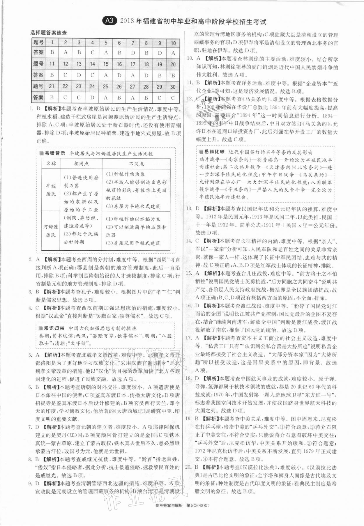 2021年春雨教育考必勝福建省中考試卷精選歷史 參考答案第5頁(yè)