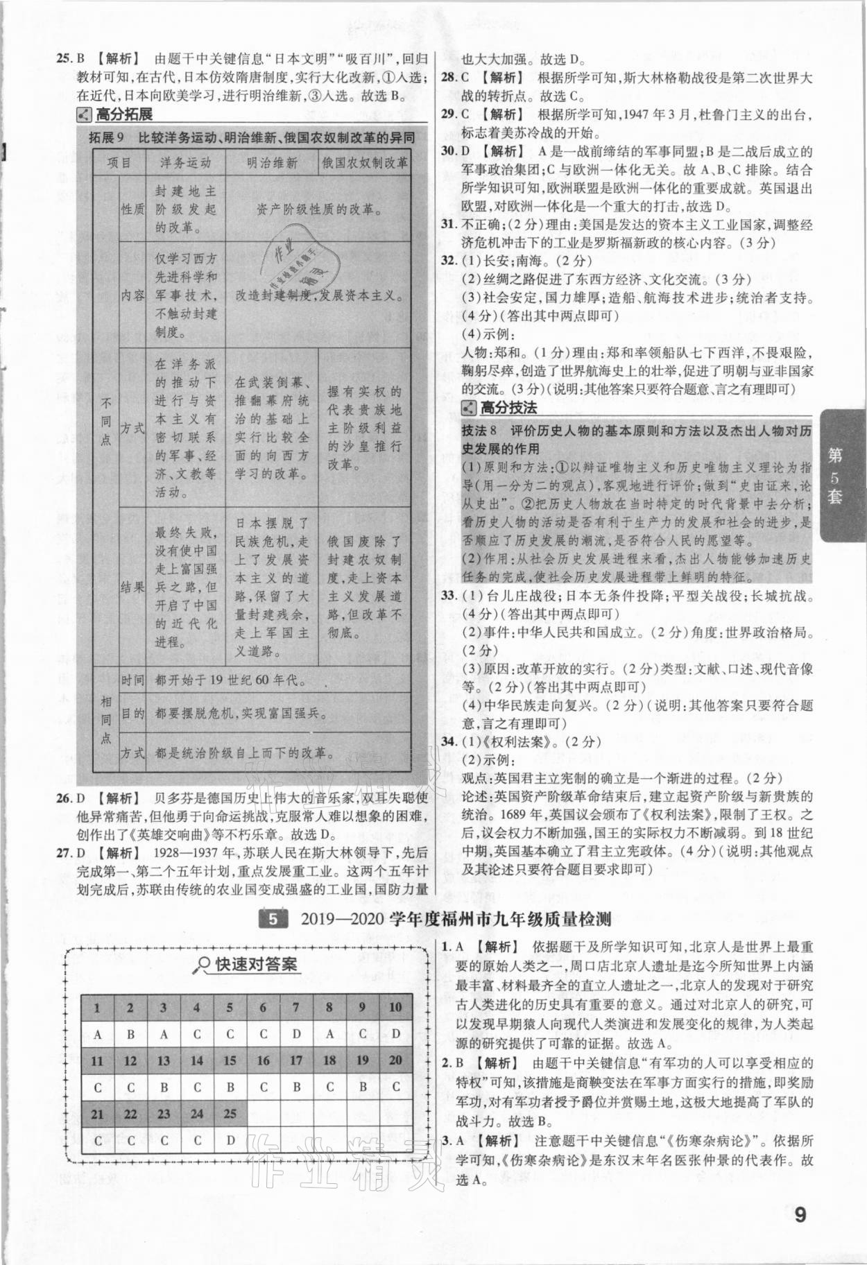 2021年金考卷福建中考45套匯編歷史 參考答案第9頁