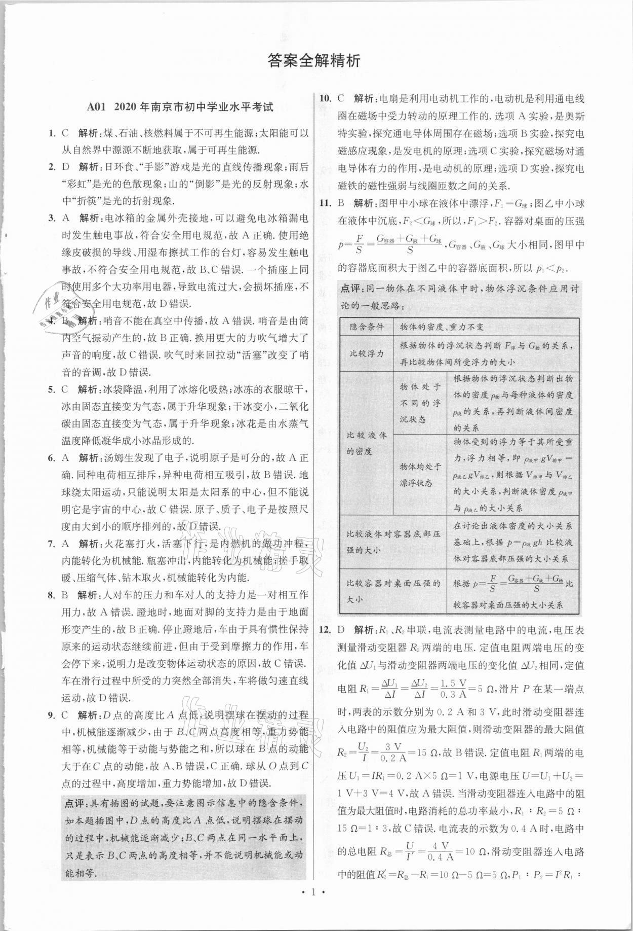 2021年江蘇13大市中考3年試題精編3真卷物理 參考答案第1頁(yè)