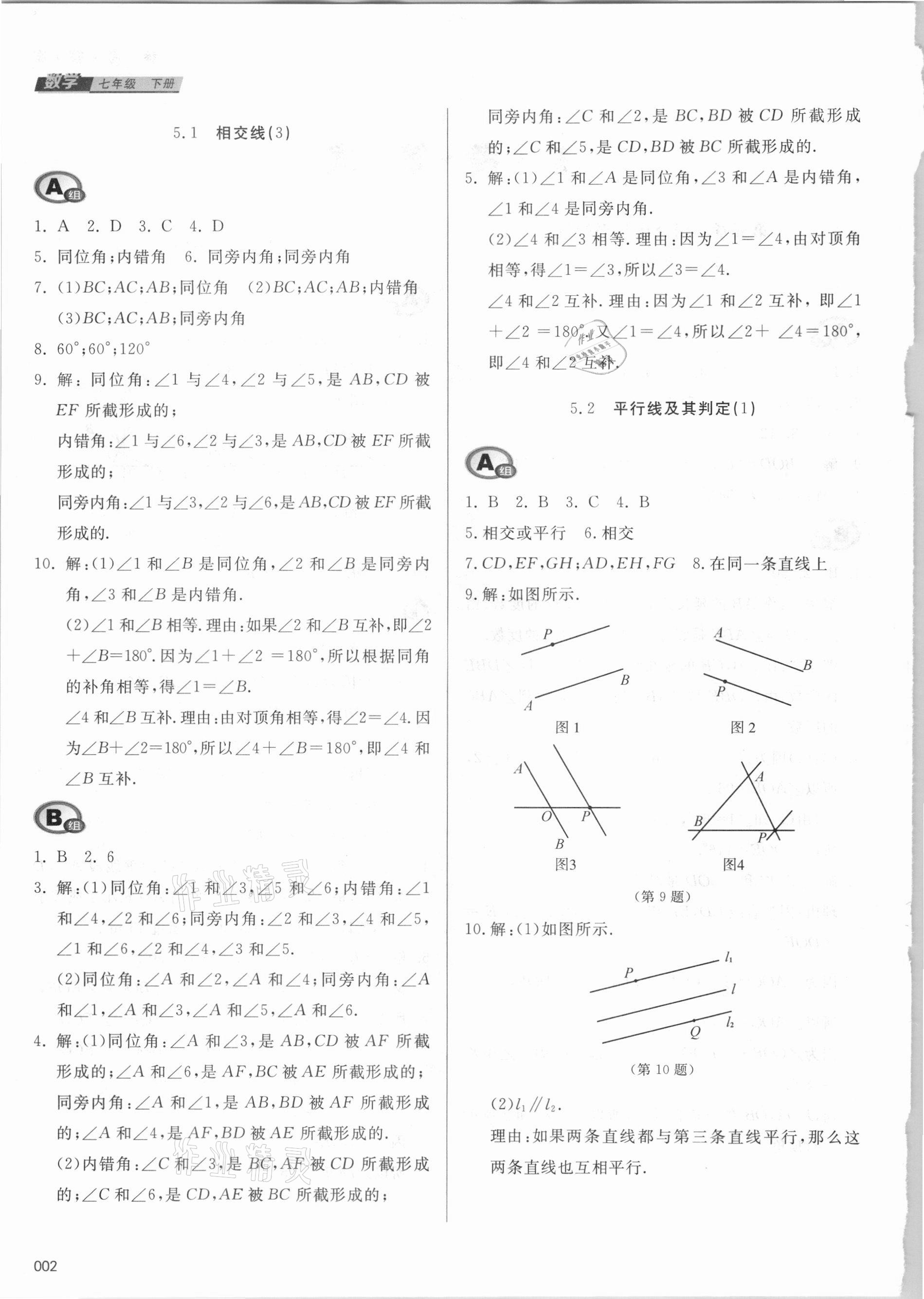 2021年学习质量监测七年级数学下册人教版 参考答案第2页