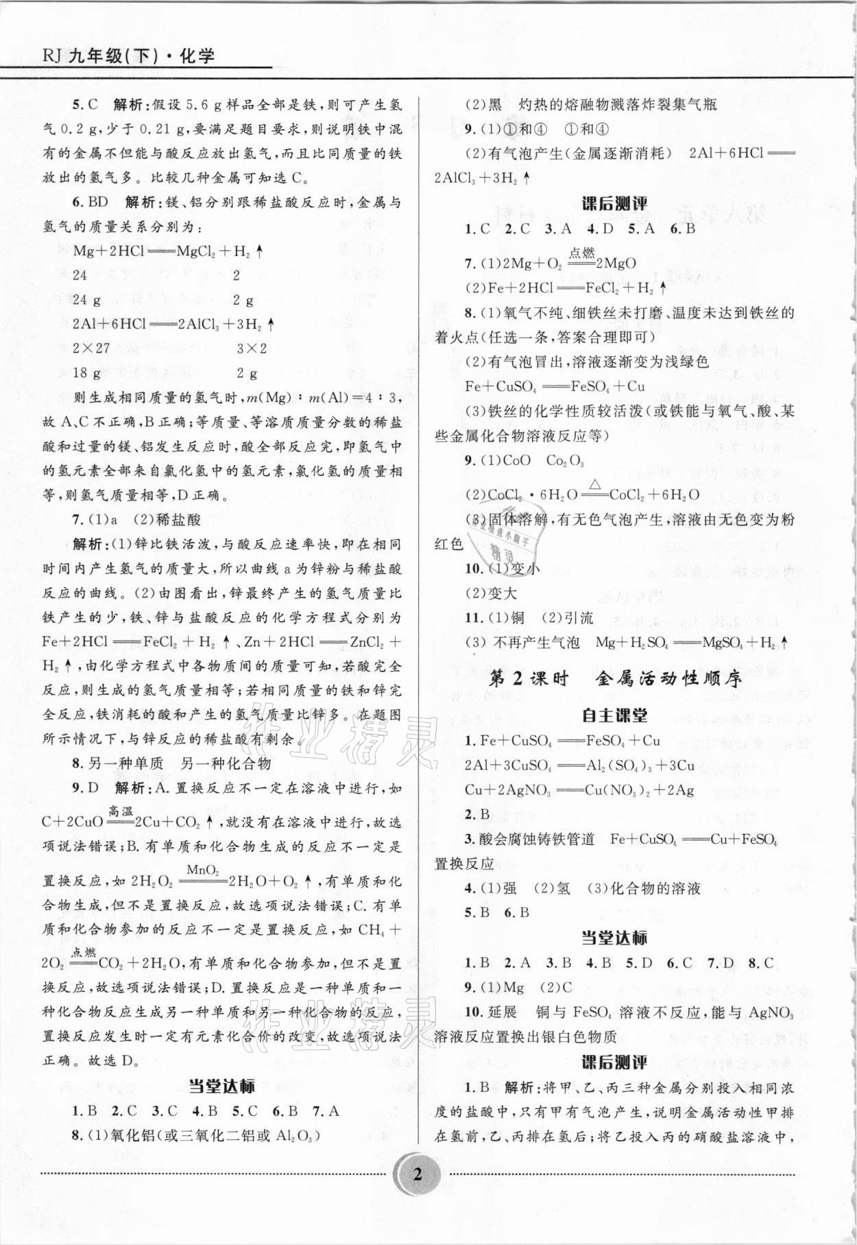 2021年奪冠百分百初中精講精練九年級化學下冊人教版 參考答案第2頁