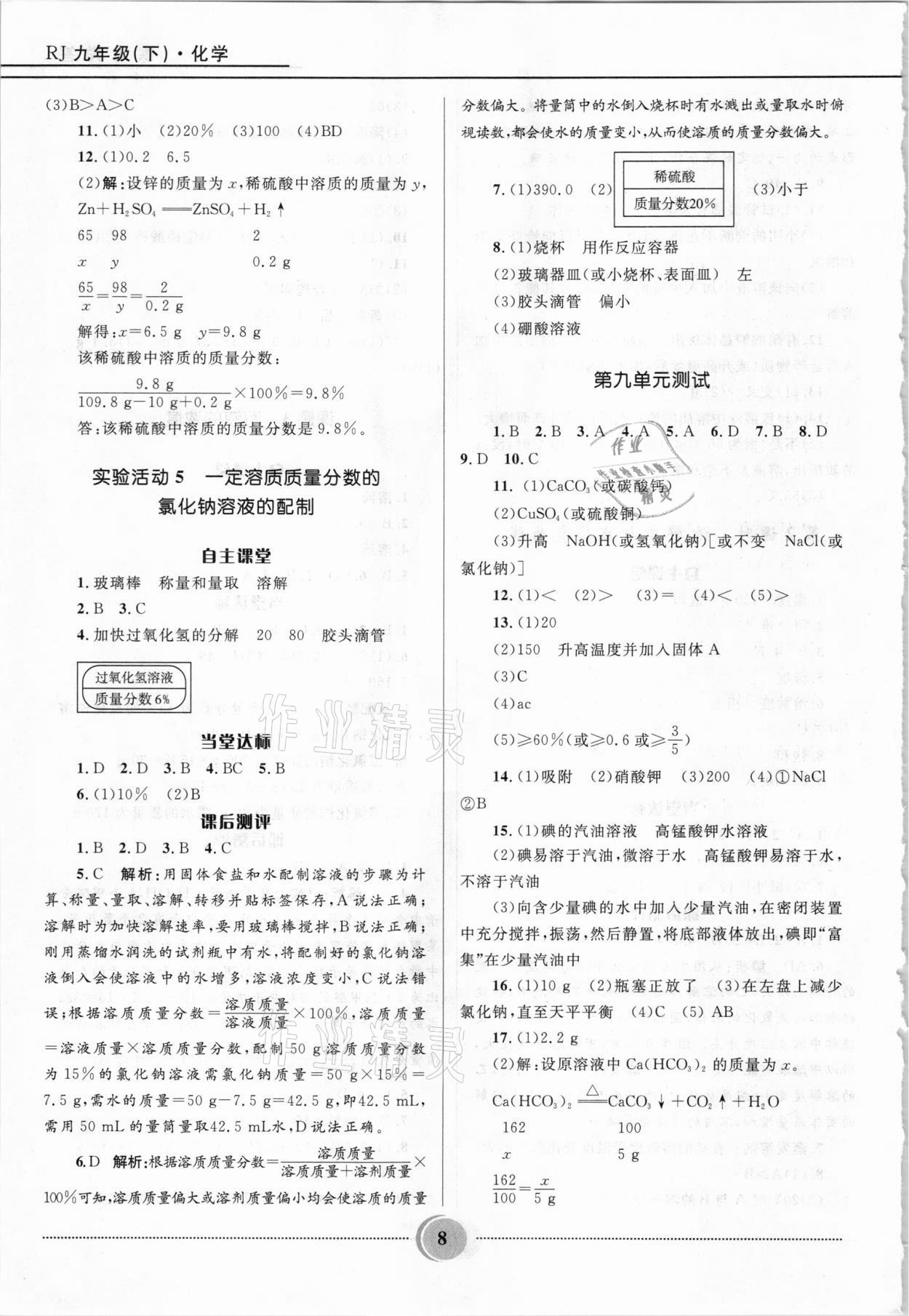 2021年奪冠百分百初中精講精練九年級化學下冊人教版 參考答案第8頁