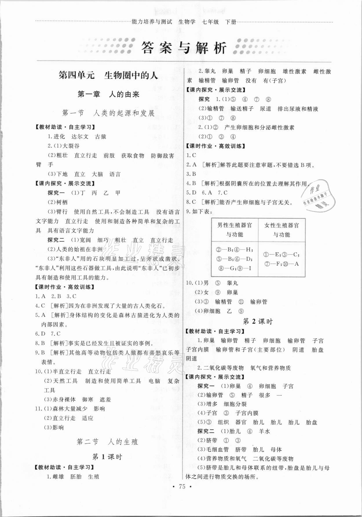 2021年能力培養(yǎng)與測試七年級生物下冊人教版湖南專版 第1頁