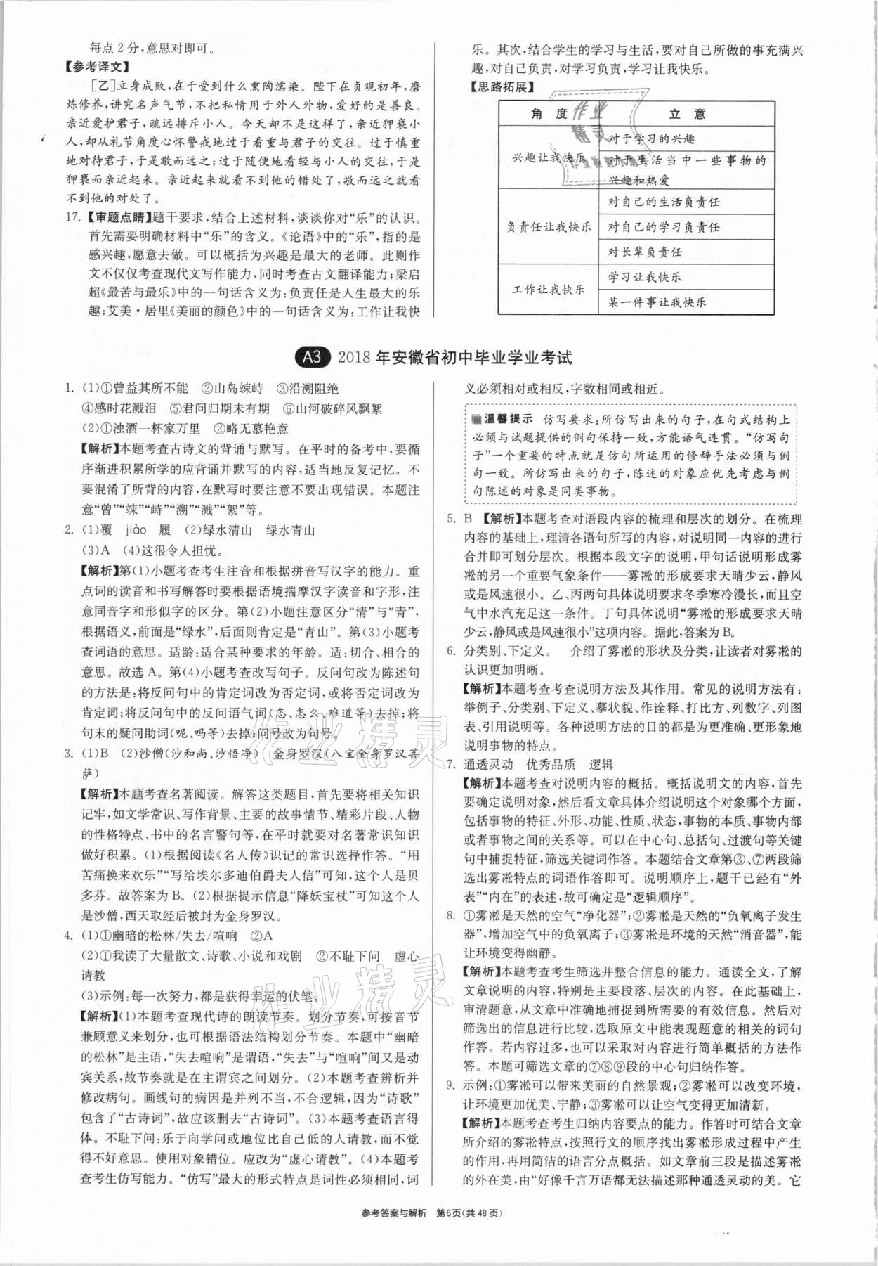 2021年春雨教育考必勝安徽省中考試卷精選語(yǔ)文 參考答案第6頁(yè)