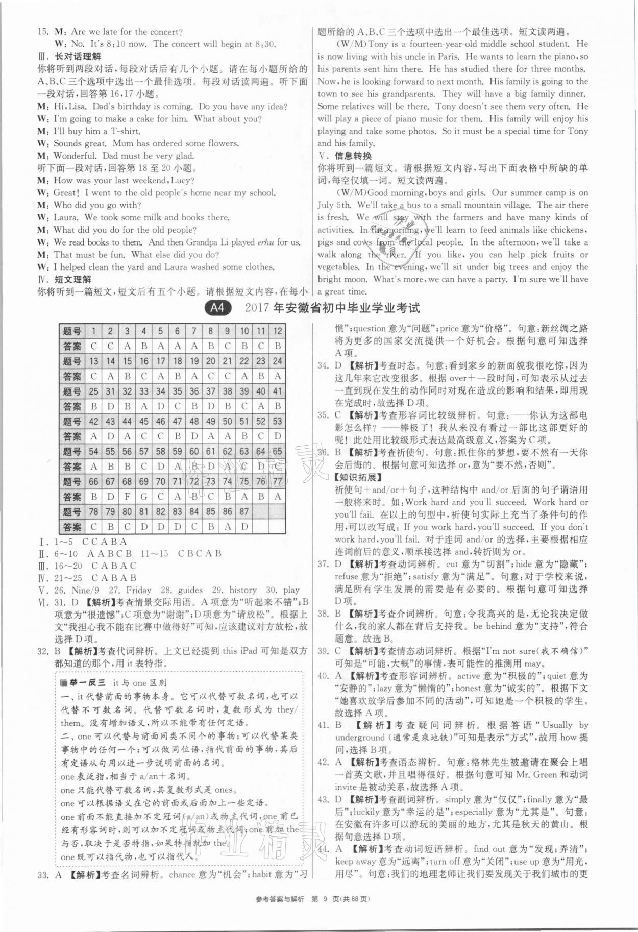 2021年春雨教育考必勝安徽省中考試卷精選英語(yǔ) 參考答案第9頁(yè)