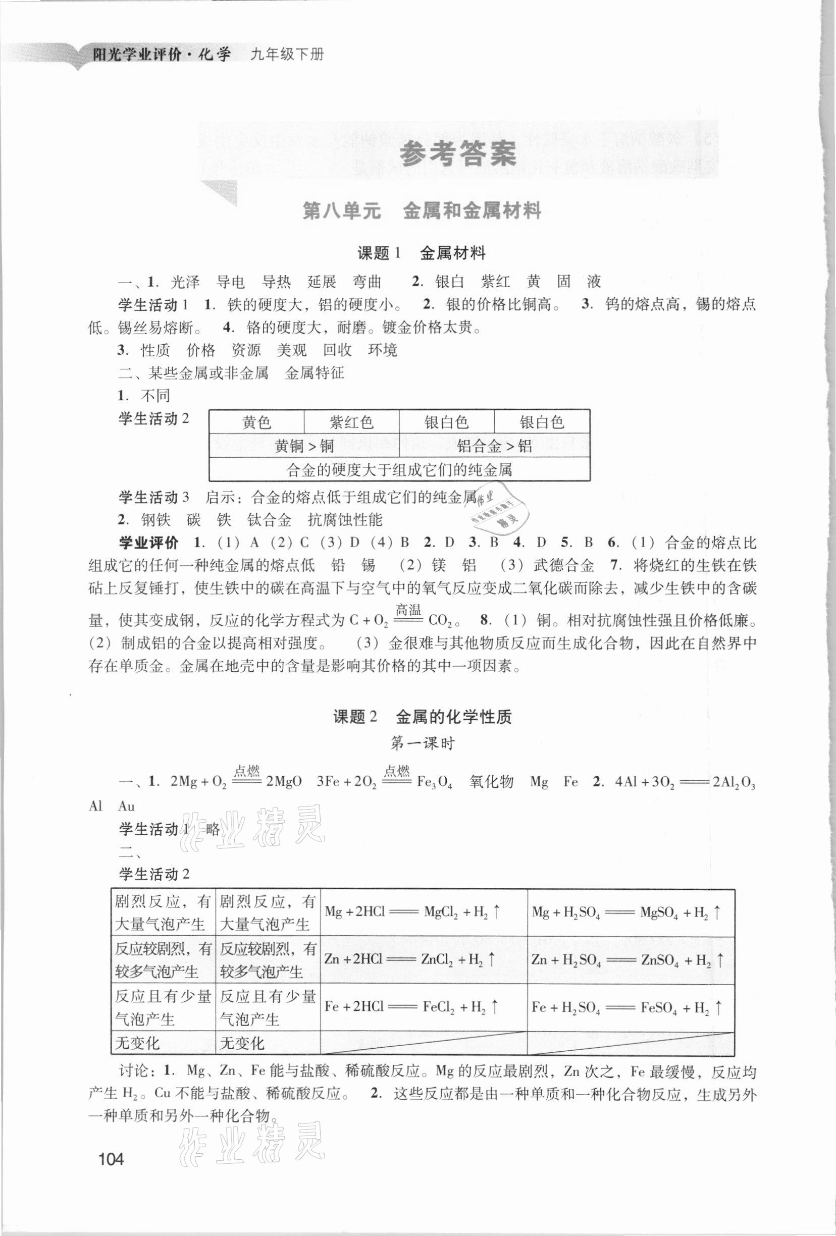 2021年陽光學(xué)業(yè)評價九年級化學(xué)下冊人教版 參考答案第1頁