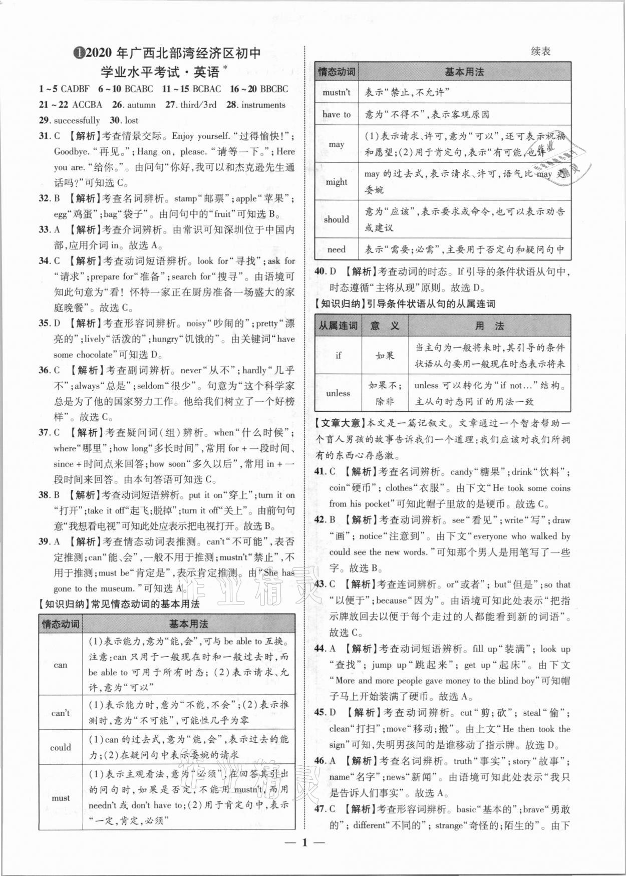 2021年中考金卷中考試題精編英語廣西專版 參考答案第1頁