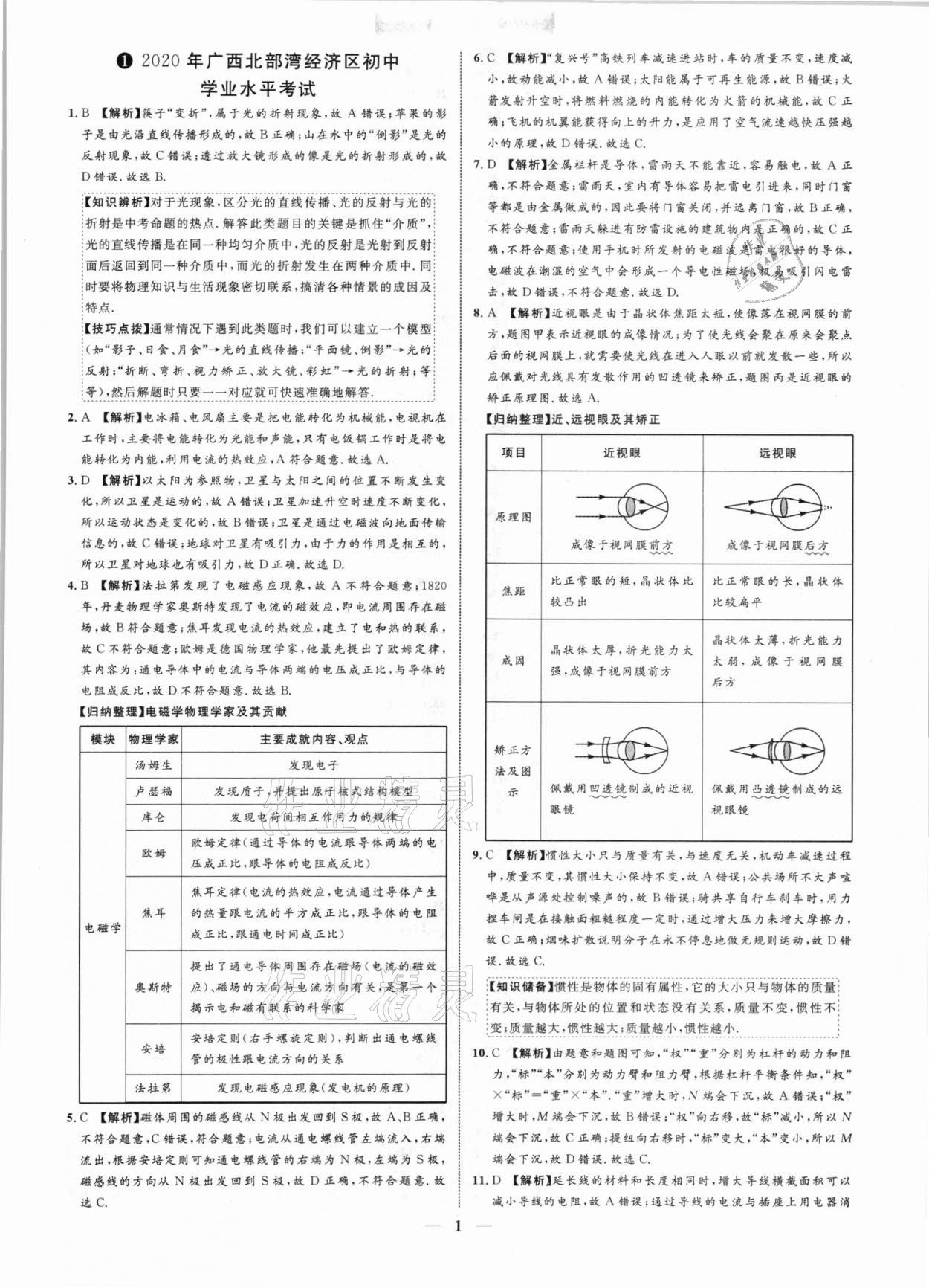 2021年中考金卷中考試題精編物理廣西專版 參考答案第1頁