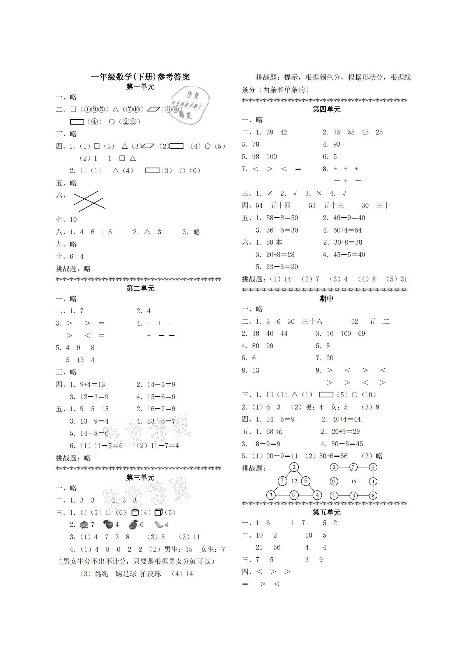 2021年單元反饋練習一年級數(shù)學下冊人教版 參考答案第1頁