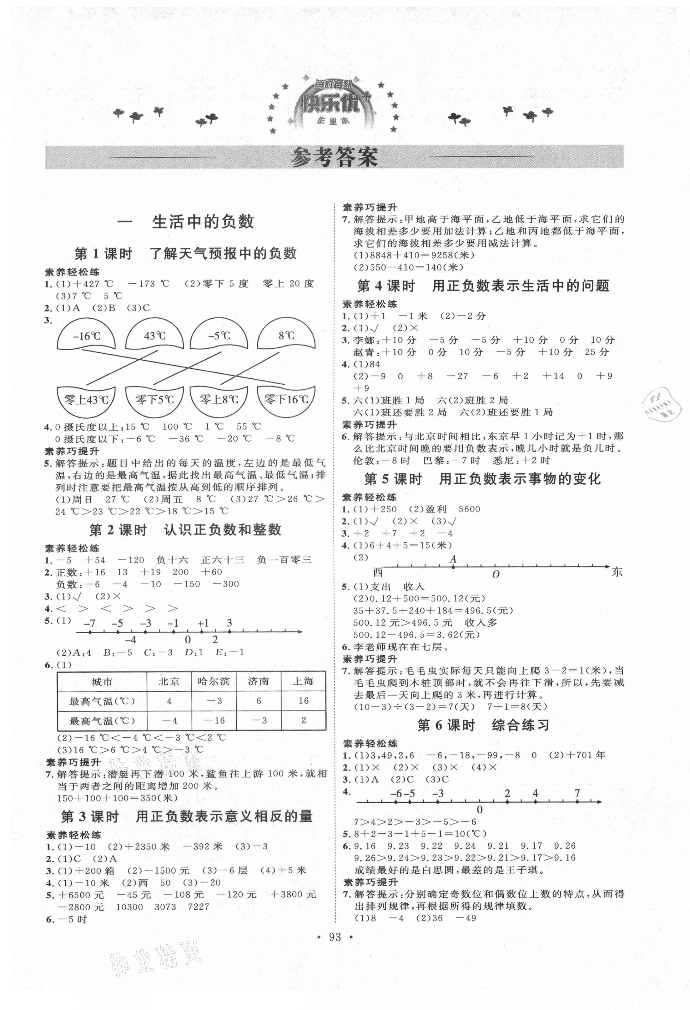 2021年每时每刻快乐优加作业本六年级数学下册人教版N版河北专版 参考答案第1页