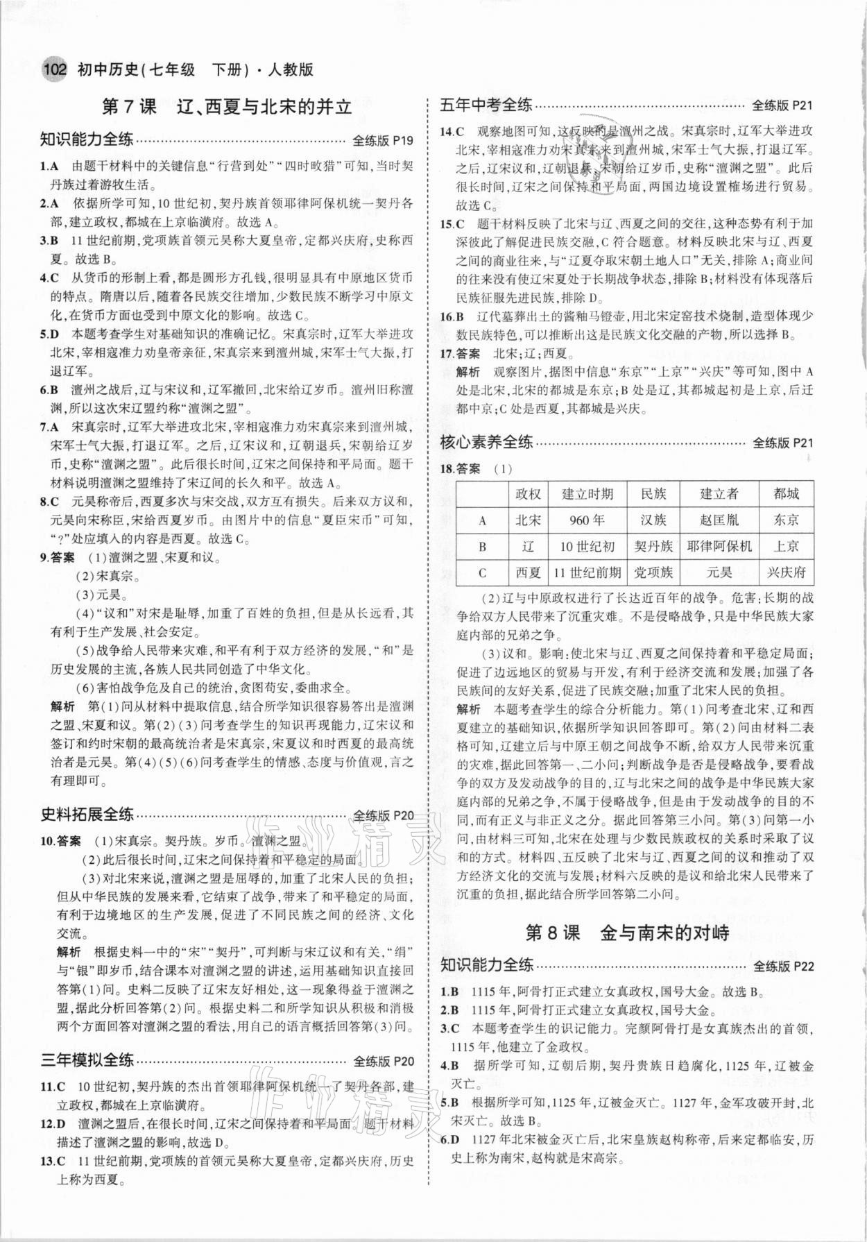 2021年5年中考3年模擬七年級(jí)歷史下冊(cè)人教版 參考答案第8頁(yè)