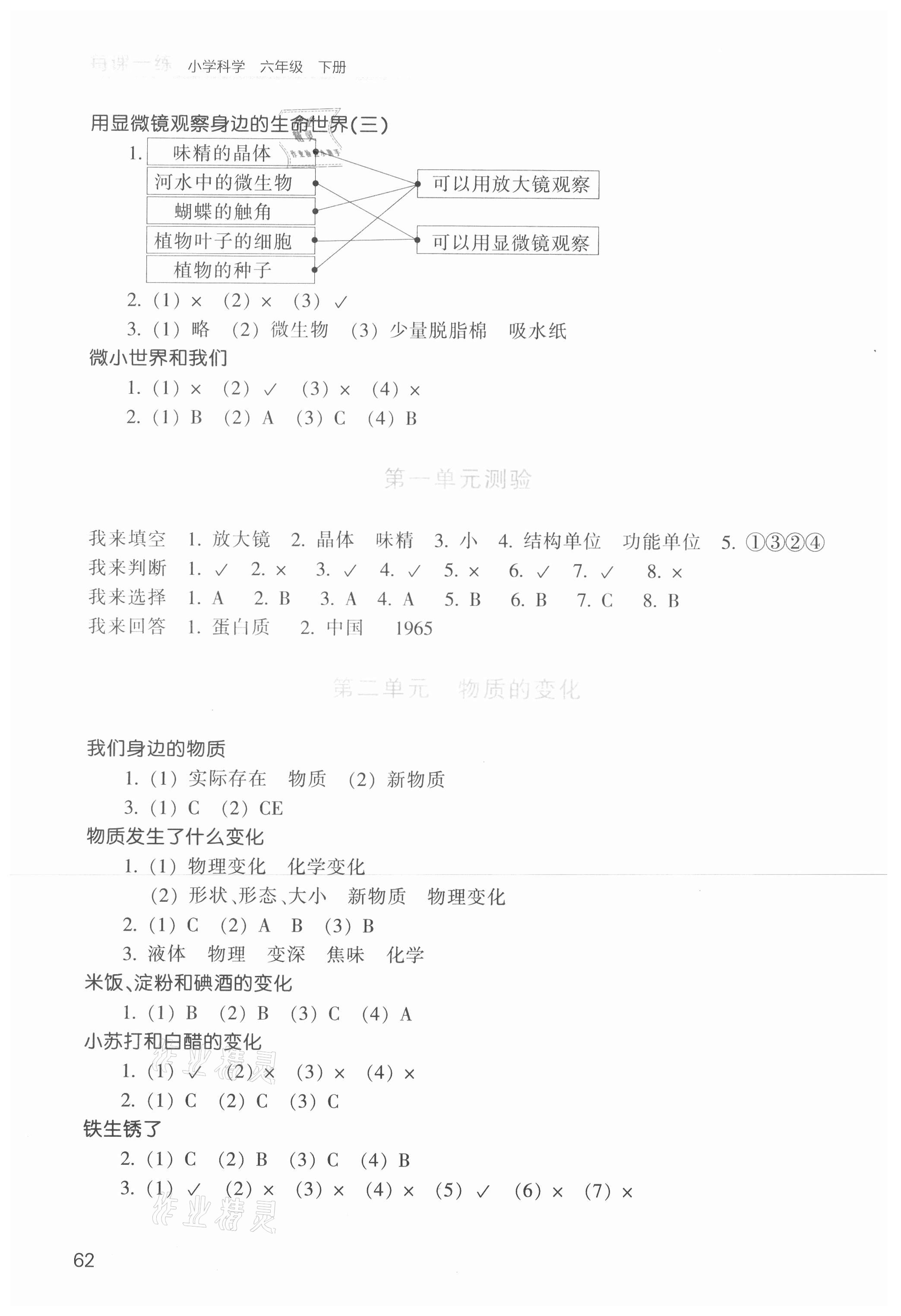 2021年每课一练小学科学六年级下册教科版浙江少年儿童出版社 参考答案第2页