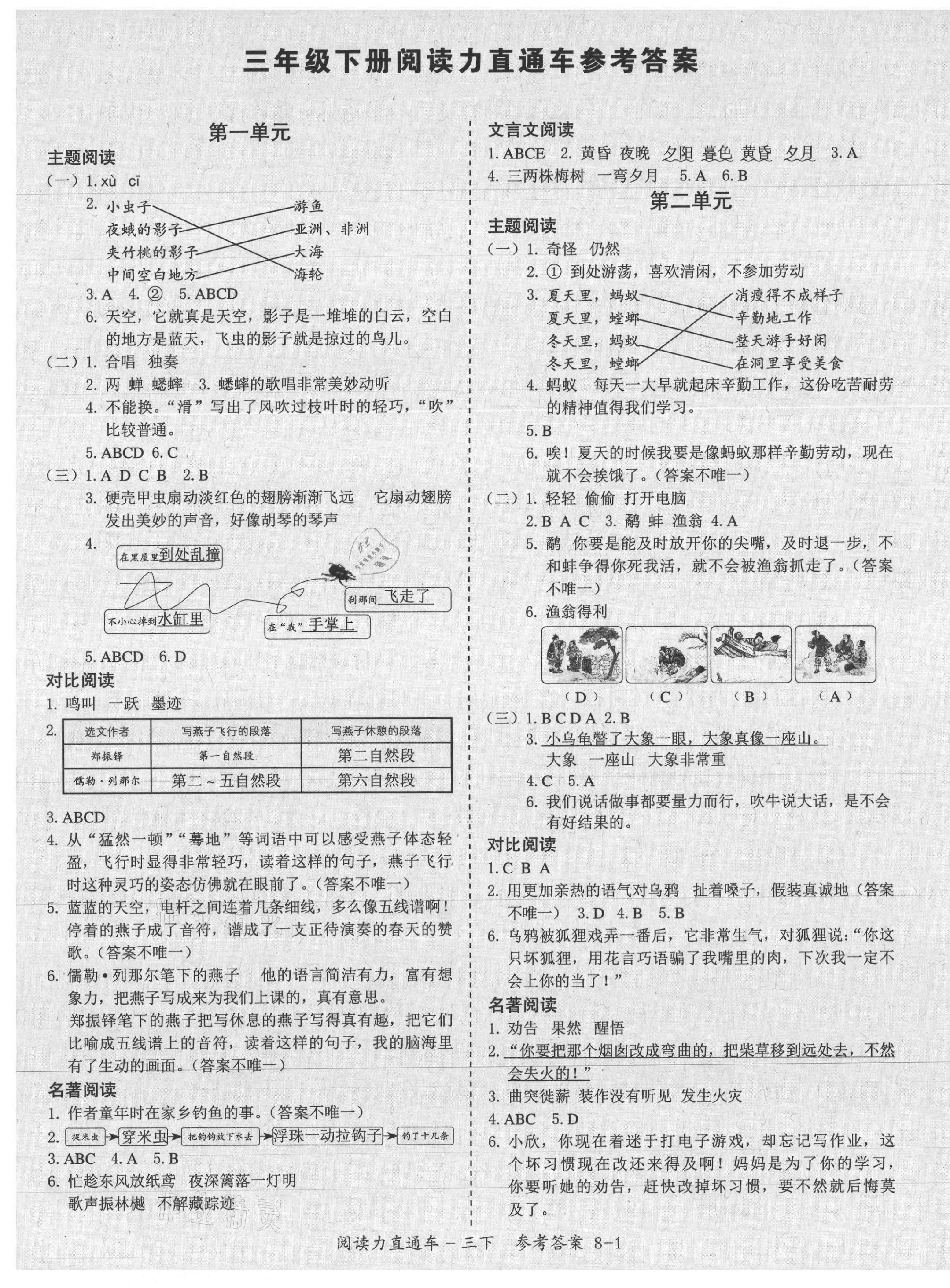 2021年閱讀力直通車三年級語文下冊部編版 參考答案第1頁