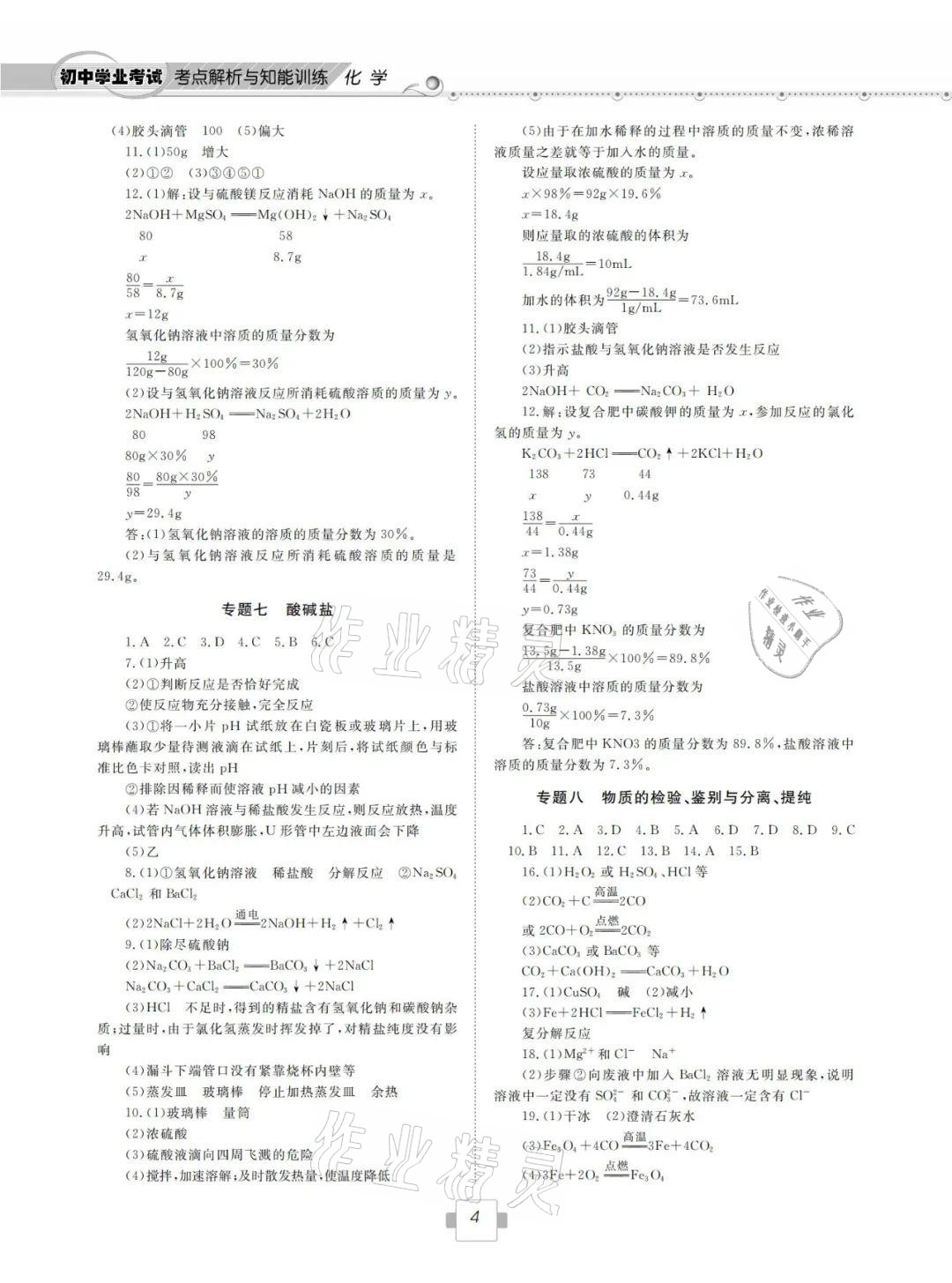 2021年考點解析與知能訓練化學 參考答案第4頁