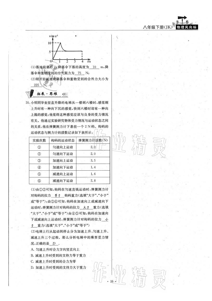 2021年物理風(fēng)向標(biāo)八年級(jí)下冊(cè)教科版 參考答案第38頁