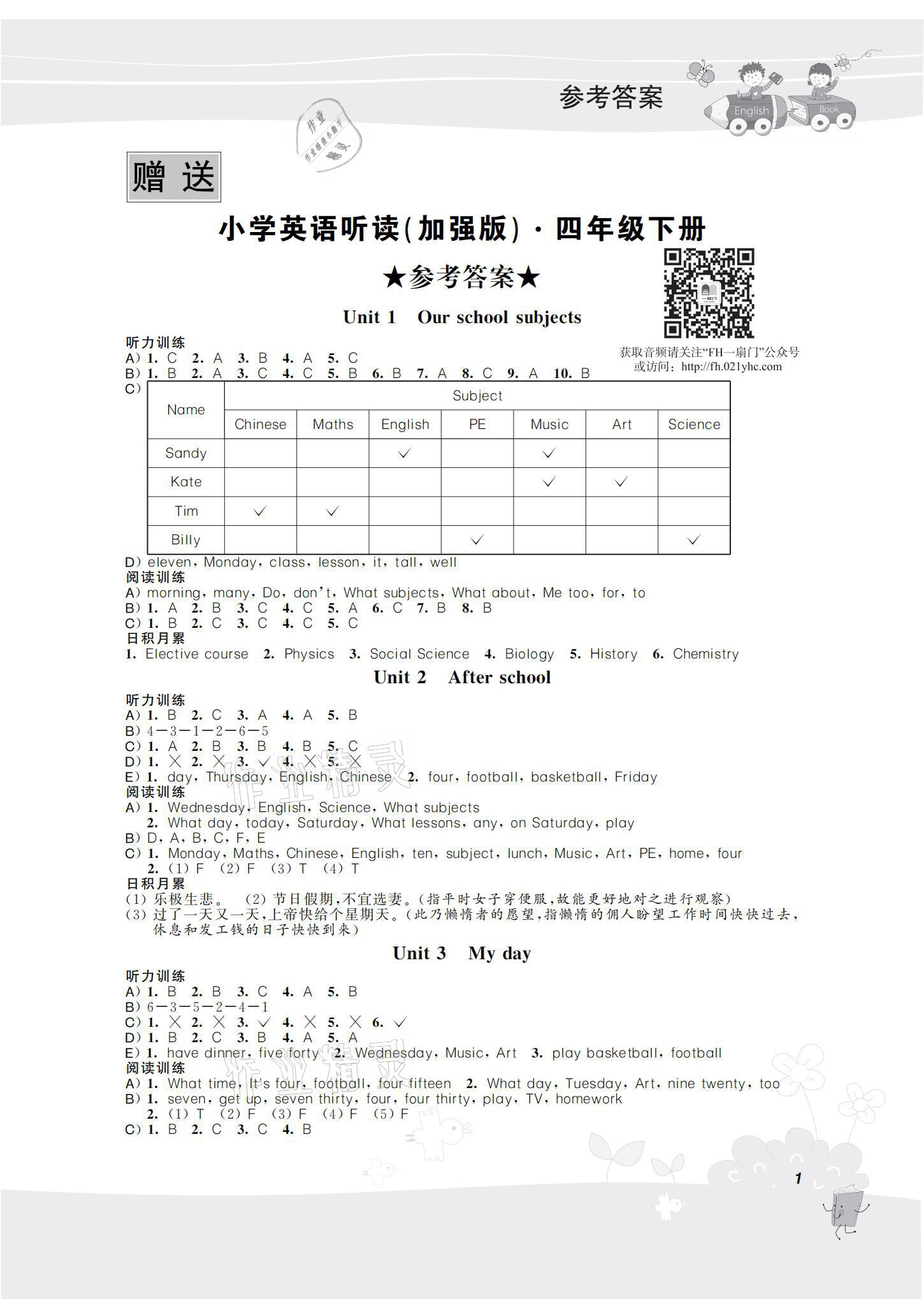 2021年聽讀教室小學英語聽讀四年級下冊譯林版加強版 參考答案第1頁