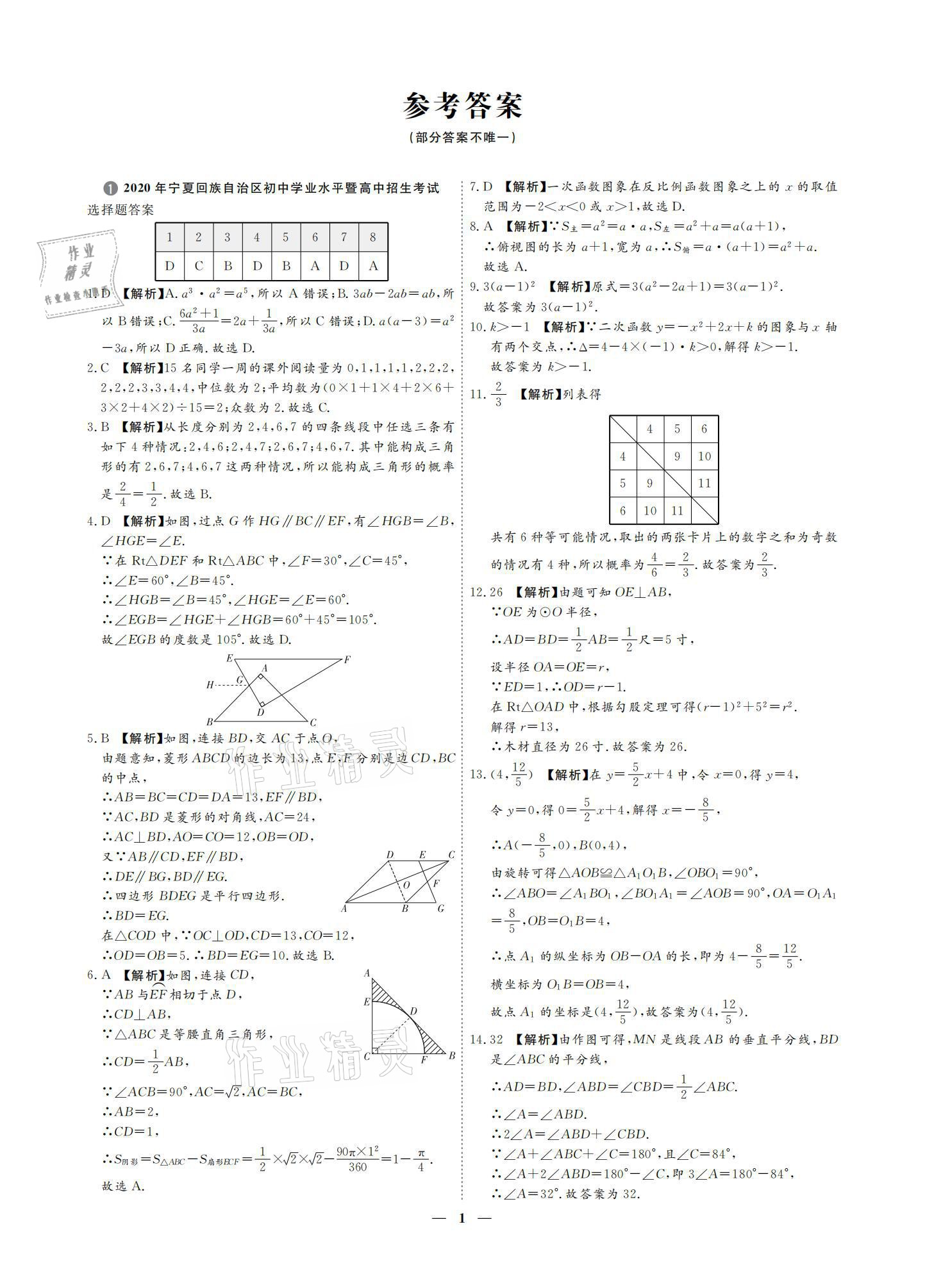 2021年3年真題2年模擬1年預(yù)測數(shù)學(xué)寧夏專版 參考答案第1頁