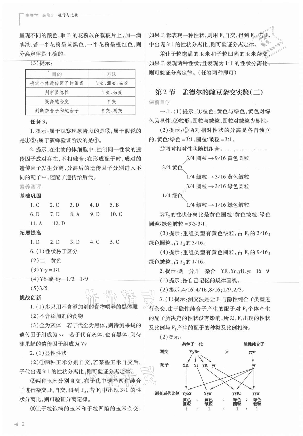 2021年普通高中新課程同步練習(xí)冊生物必修2人教版 參考答案第2頁