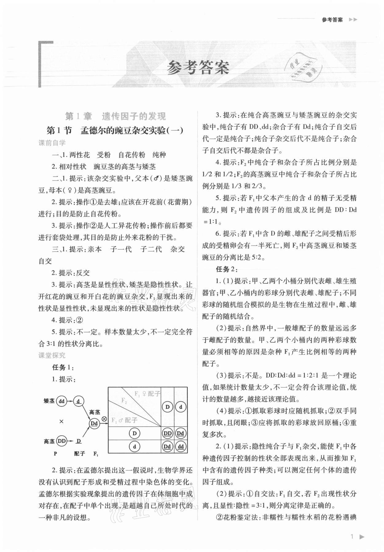 2021年普通高中新课程同步练习册生物必修2人教版 参考答案第1页