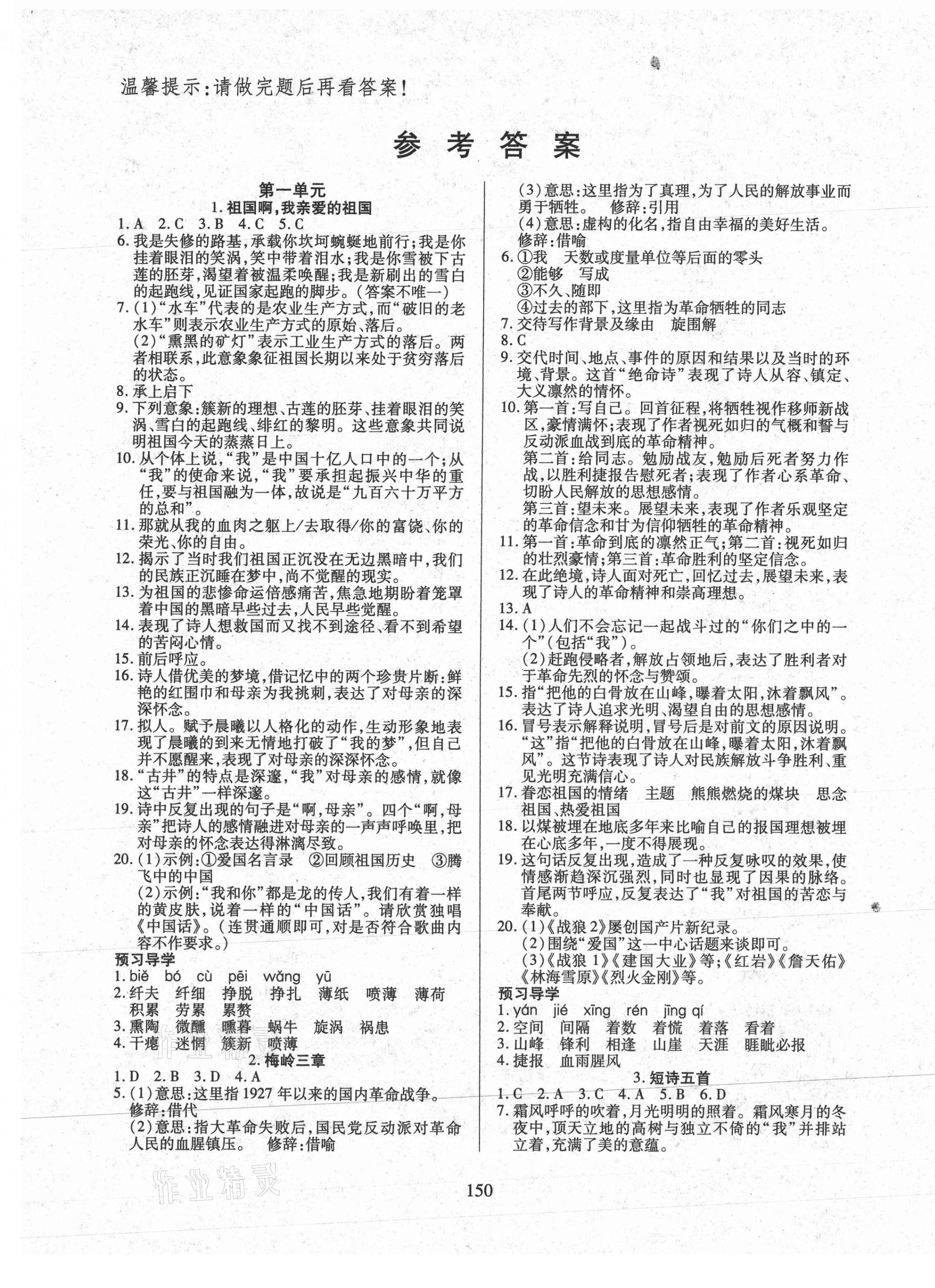 2021年有效课堂九年级语文下册人教版 参考答案第1页