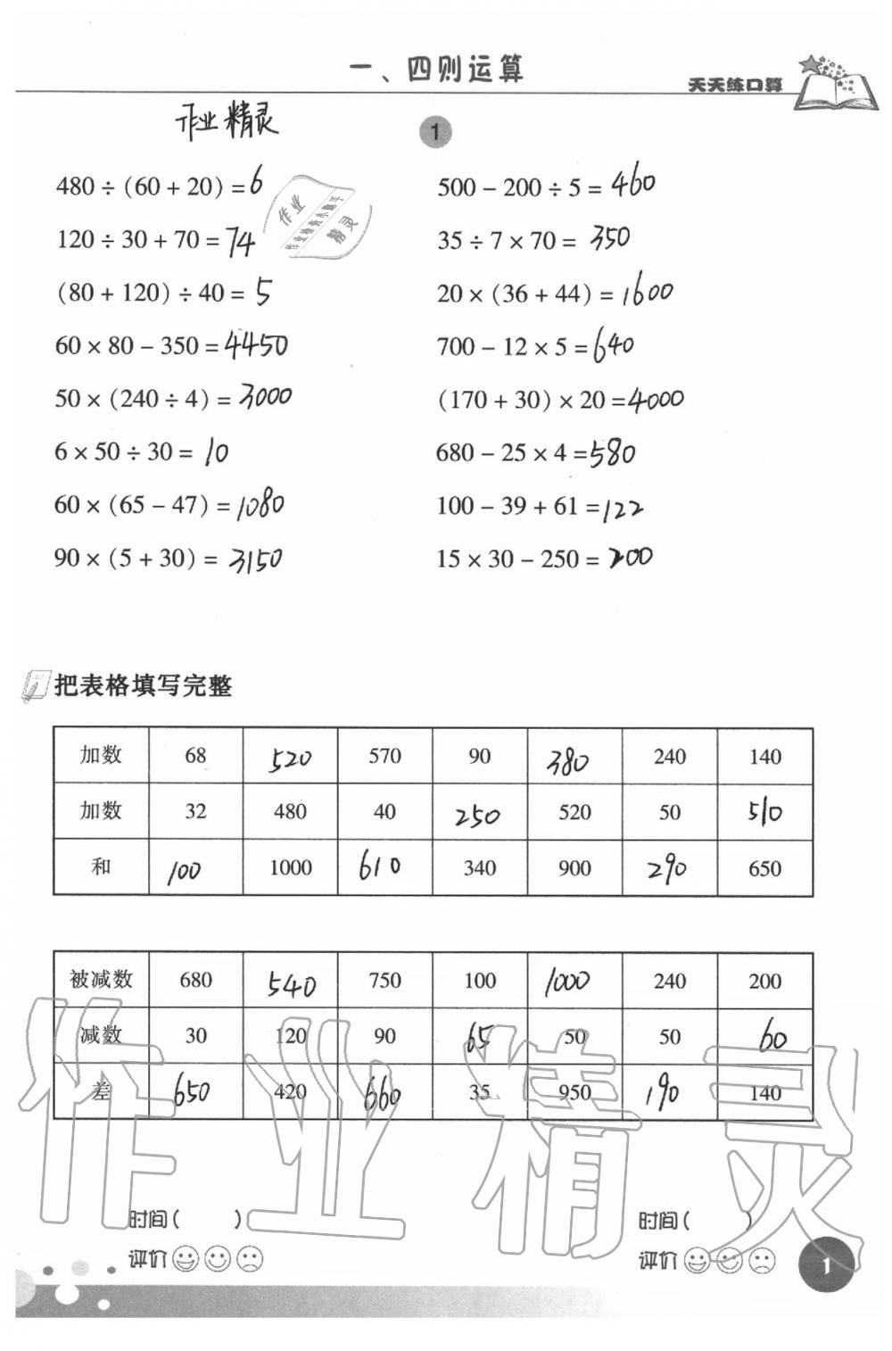 2021年天天練口算四年級(jí)數(shù)學(xué)下冊(cè)人教版 參考答案第1頁