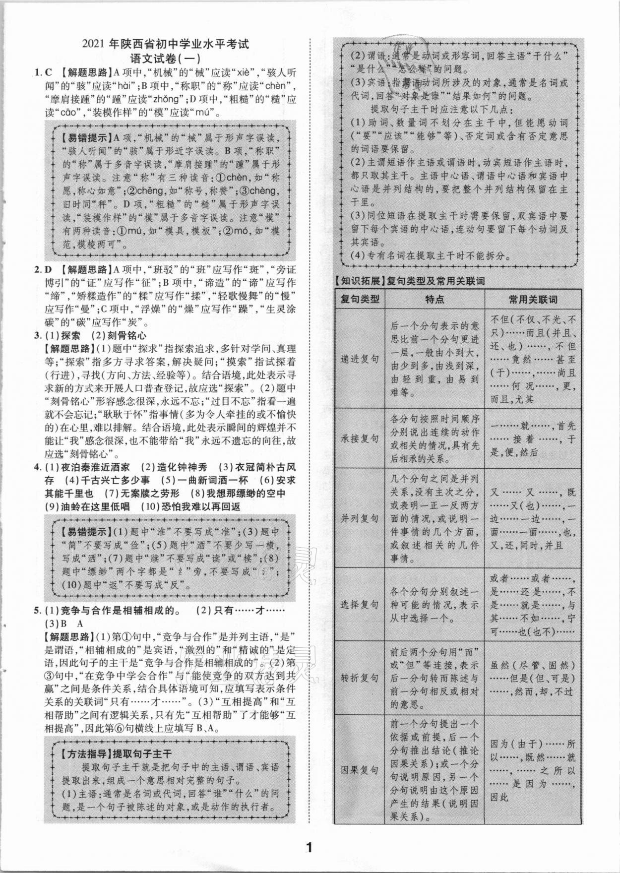 2021年卓文書業(yè)加速金卷仿真預測8套卷語文陜西專版 參考答案第1頁