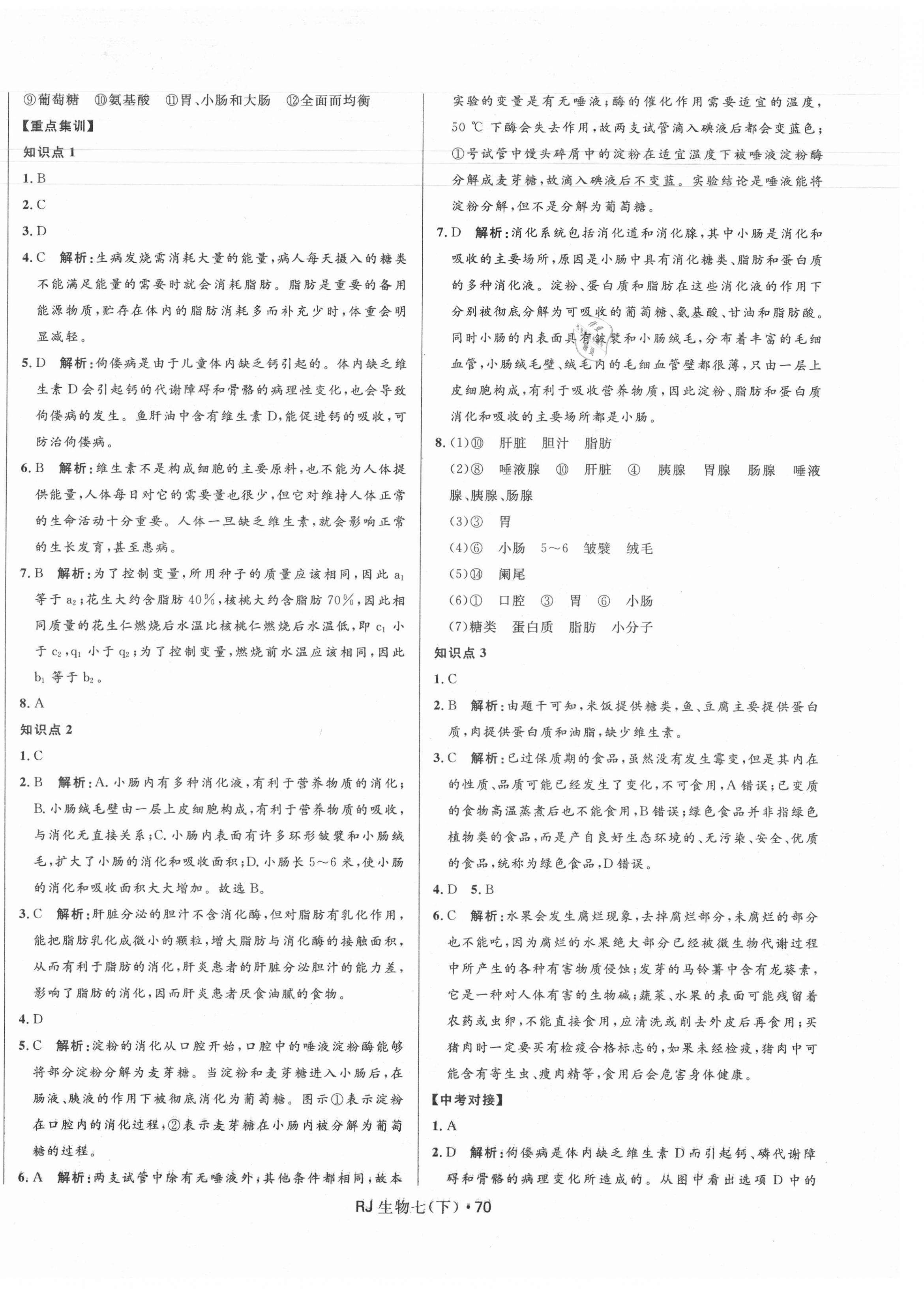 2021年夺冠百分百初中优化测试卷七年级生物下册人教版 参考答案第2页