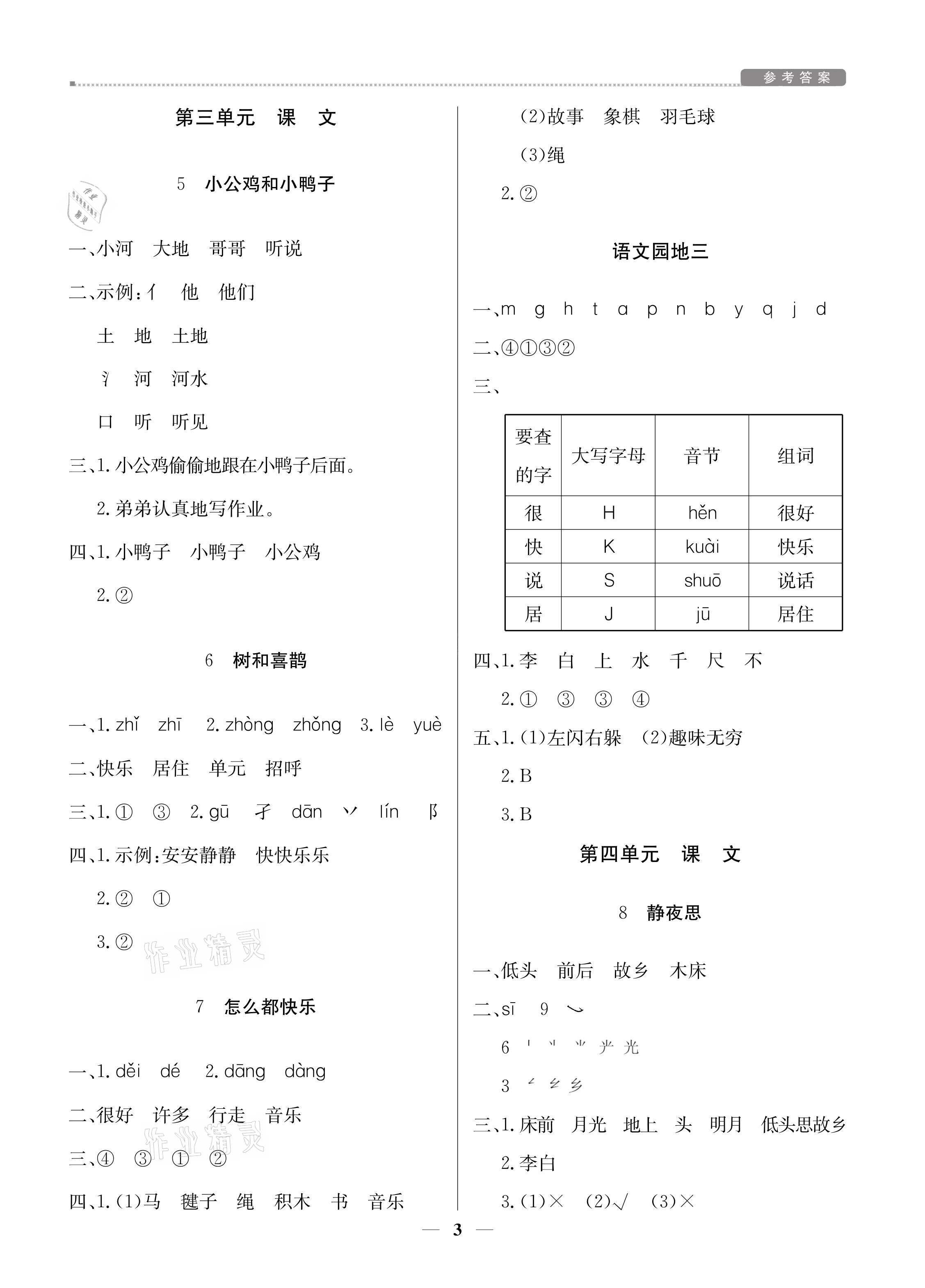 2021年提分教練一年級語文下冊人教版東莞專版 參考答案第3頁