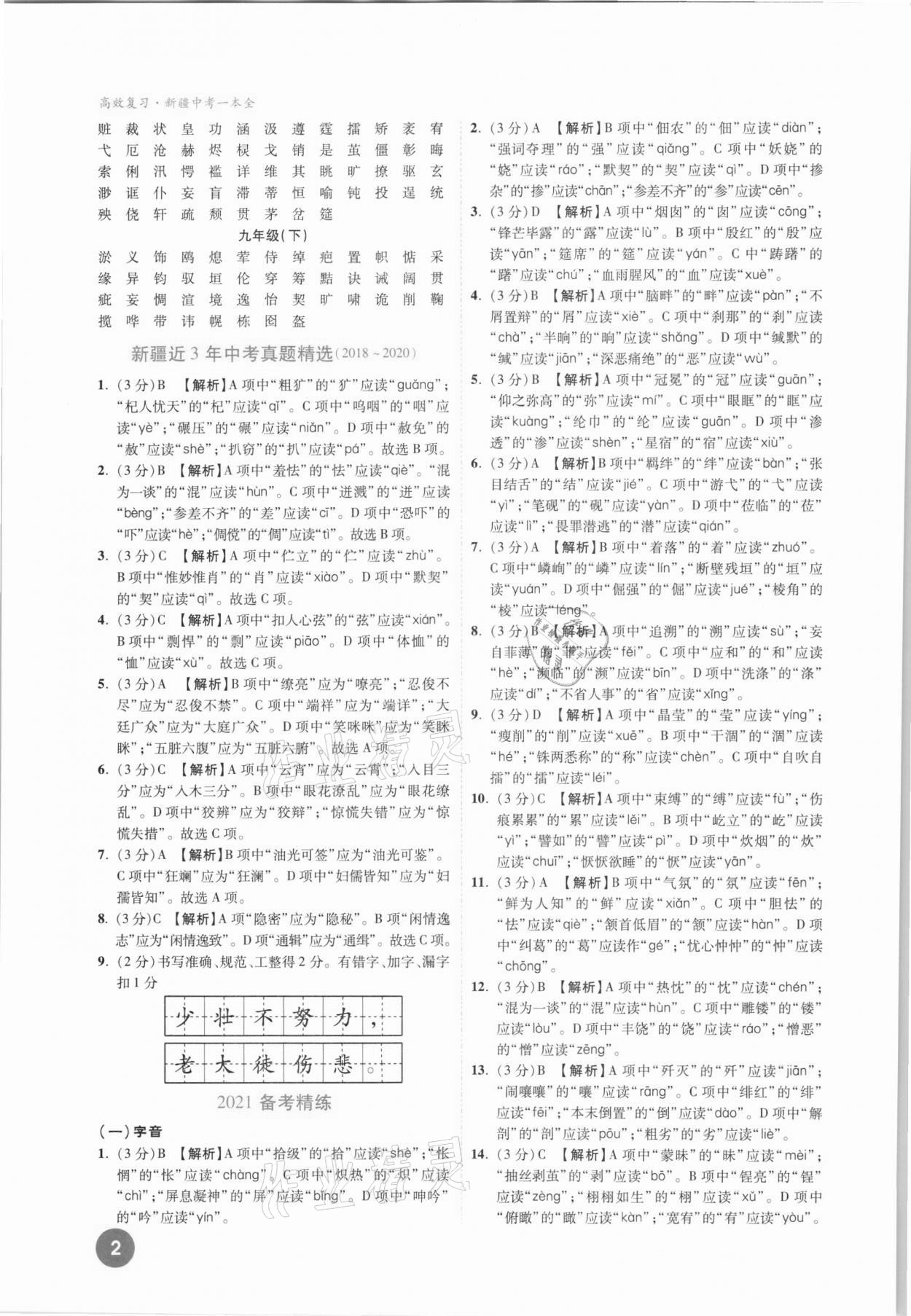 2021年高效復習新疆中考一本全語文 參考答案第2頁