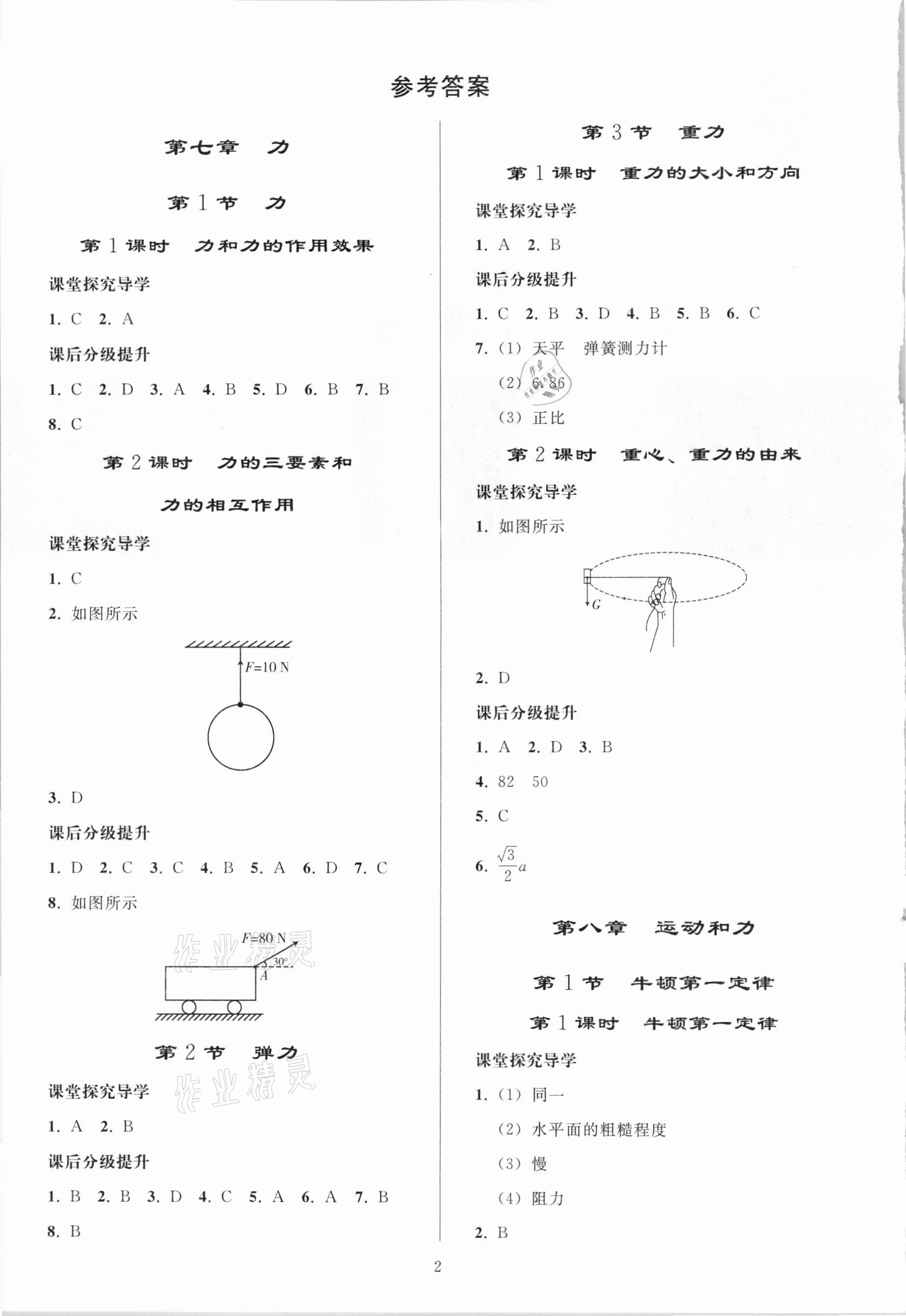 2021年同步練習冊八年級物理下冊人教版山東專版人民教育出版社 參考答案第1頁