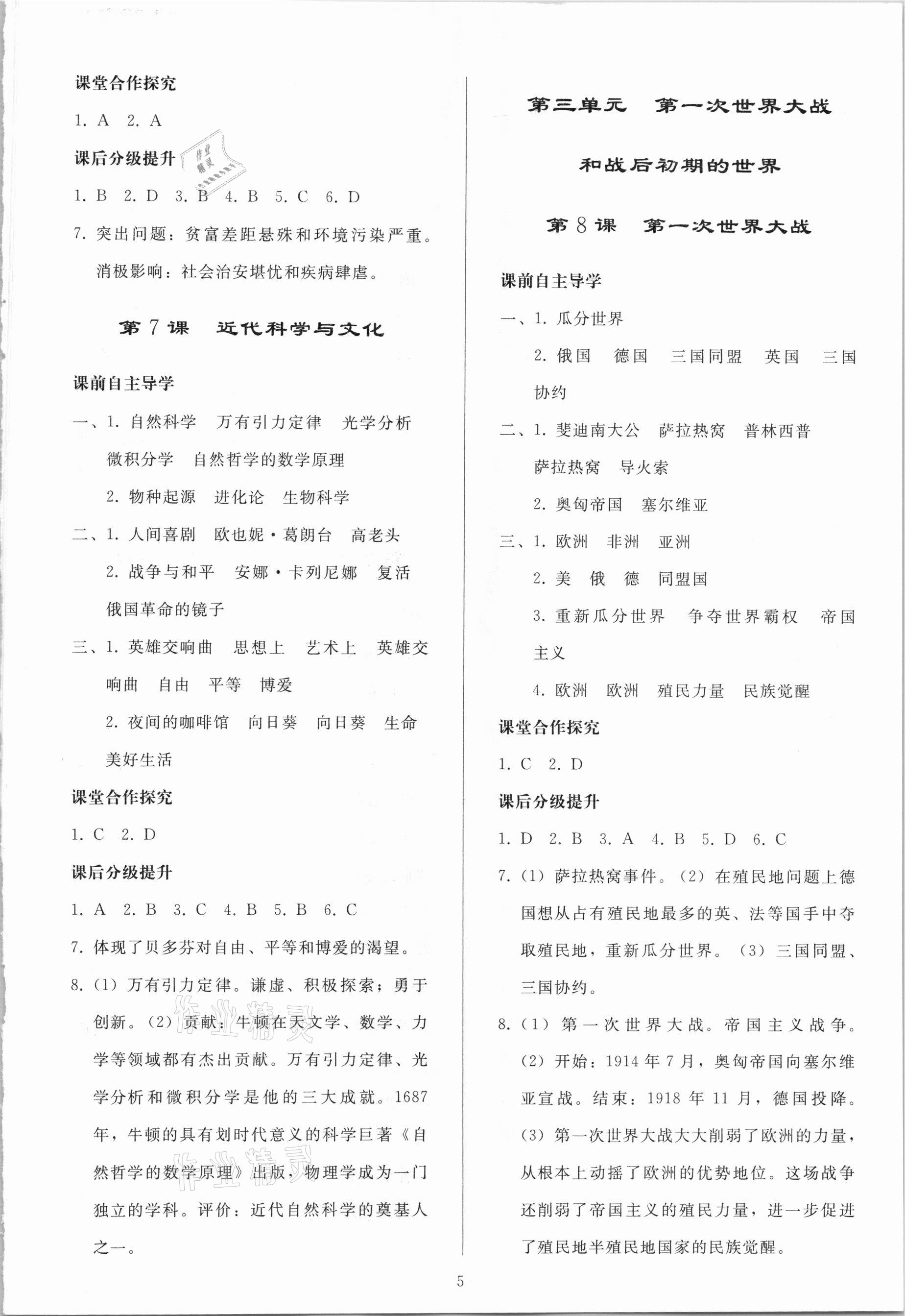 2021年同步練習冊九年級歷史下冊人教版山東專版人民教育出版社 參考答案第4頁