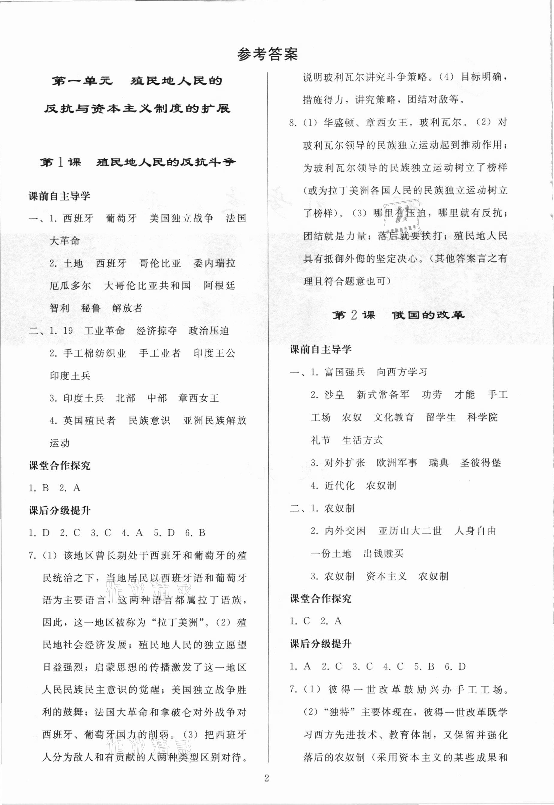 2021年同步練習(xí)冊(cè)九年級(jí)歷史下冊(cè)人教版山東專(zhuān)版人民教育出版社 參考答案第1頁(yè)