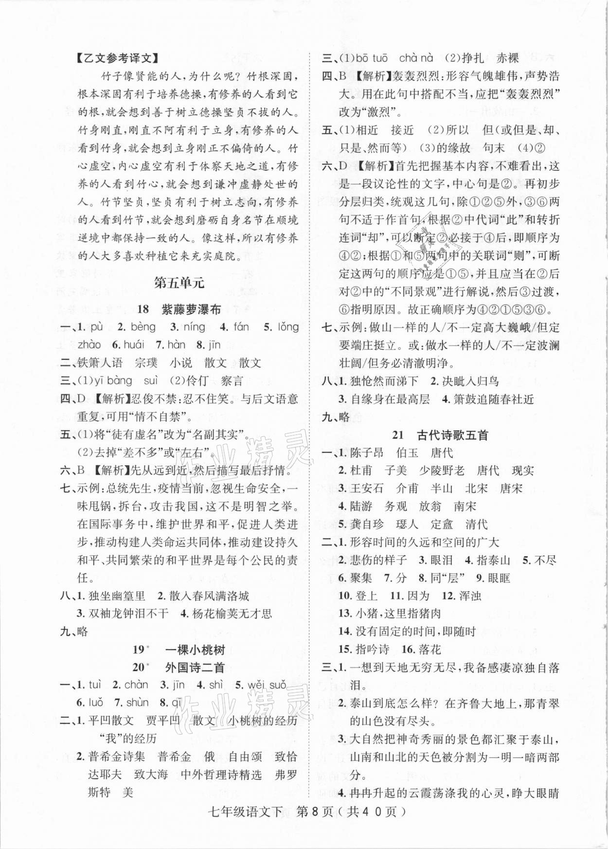 2021年考點(diǎn)專練七年級(jí)語文下冊(cè)人教版深圳專版 第8頁