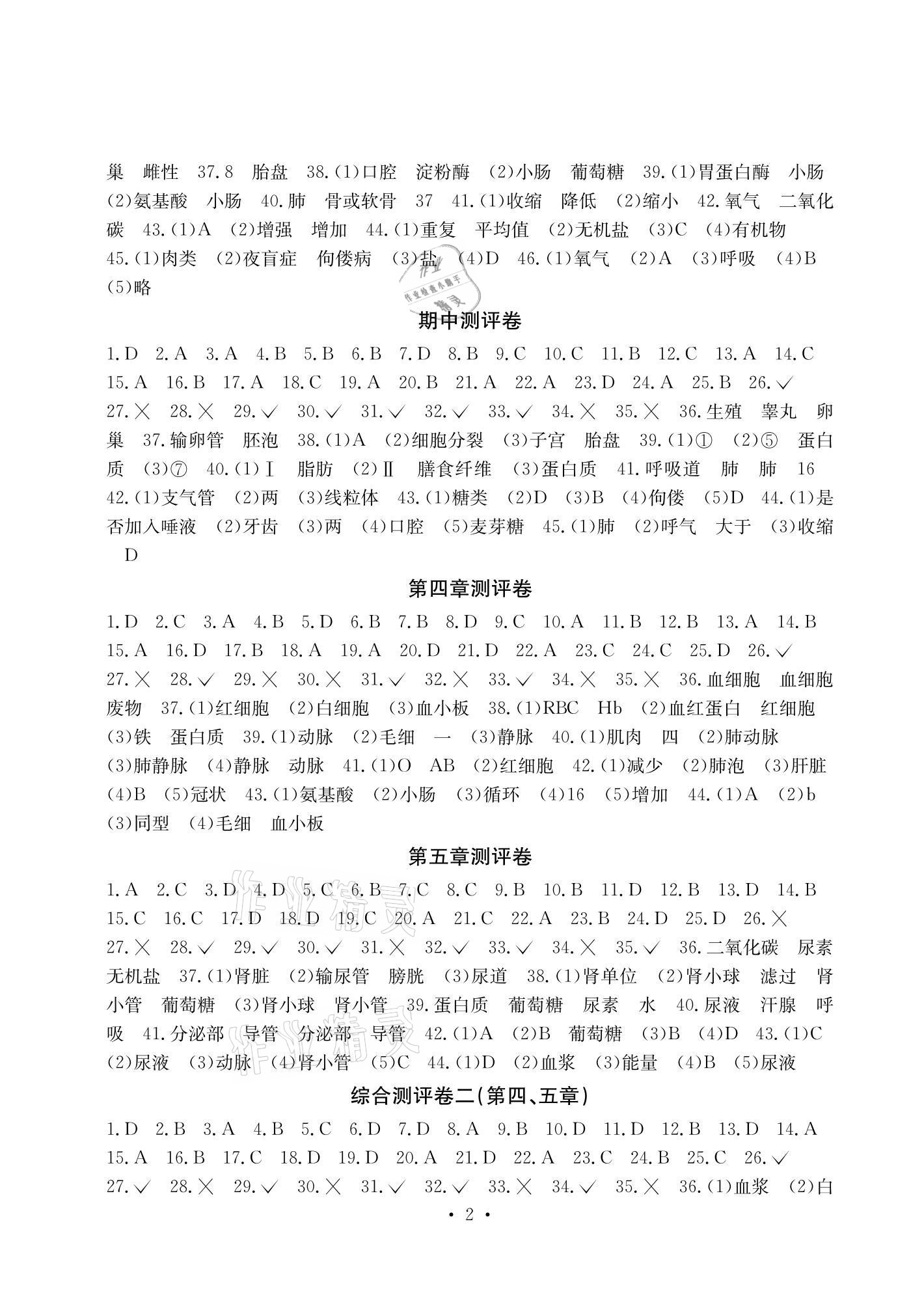 2021年大显身手素质教育单元测评卷七年级生物下册人教版检6玉林专版 参考答案第2页