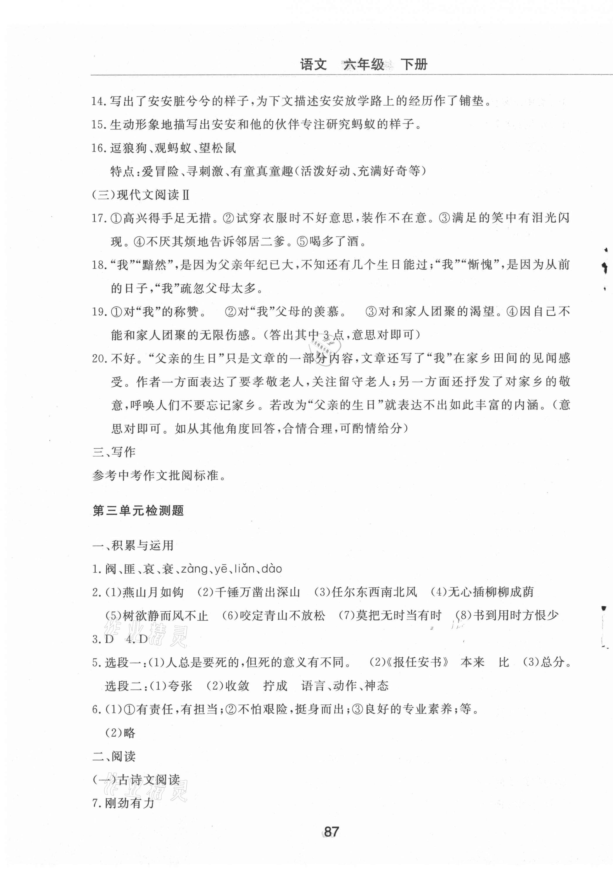 2021年同步练习册配套检测卷六年级语文下册人教版烟台专版54制 第3页