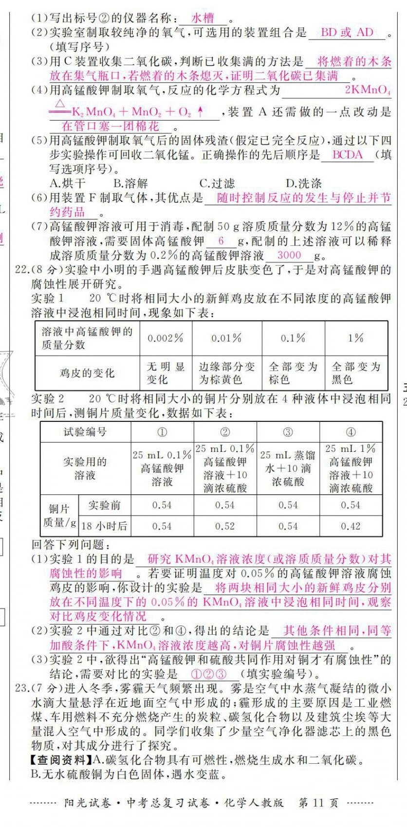 2021年阳光试卷中考总复习试卷化学人教版 第11页